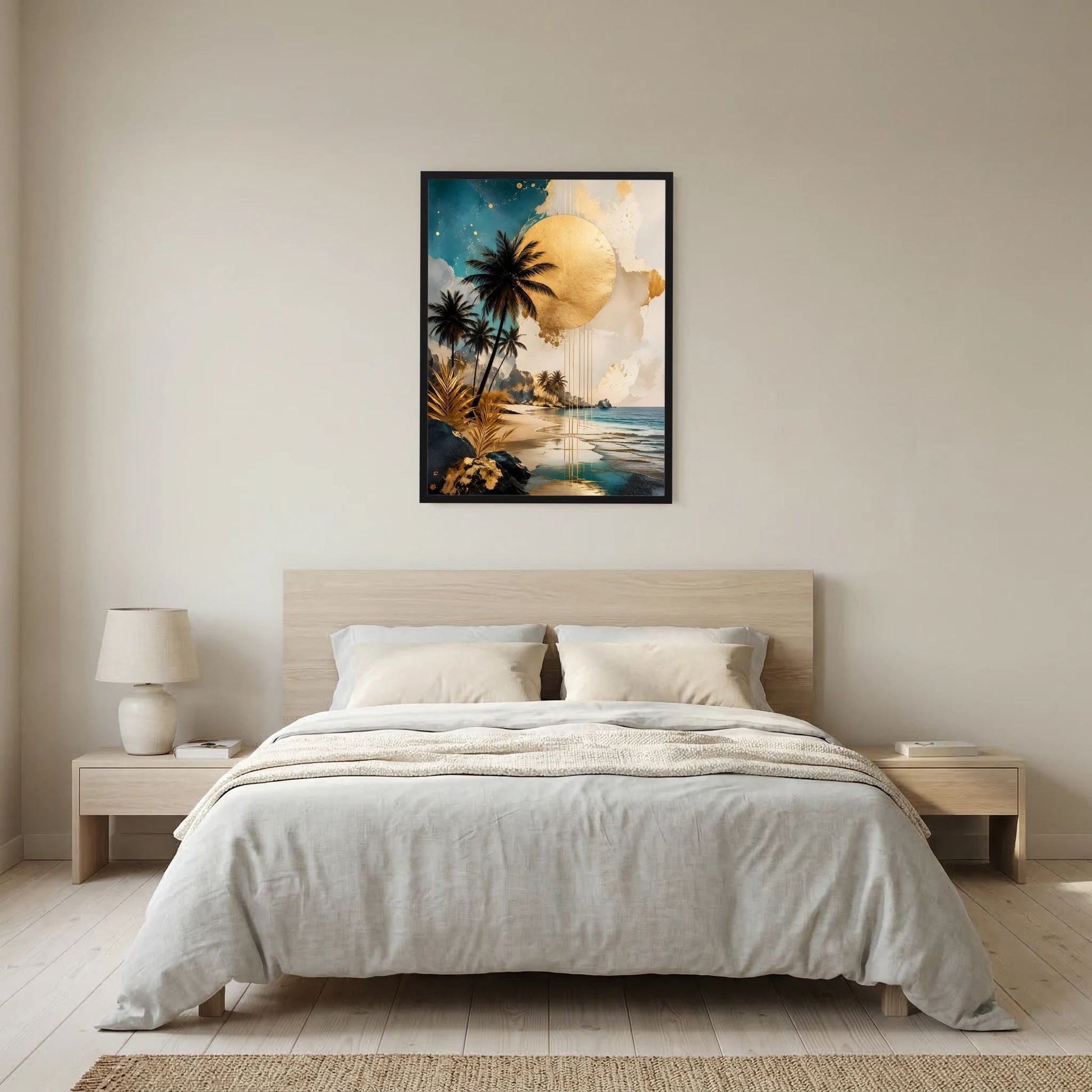 Gerahmtes Poster mit tropischer Küstenlandschaft, Palmen und goldener Sonne