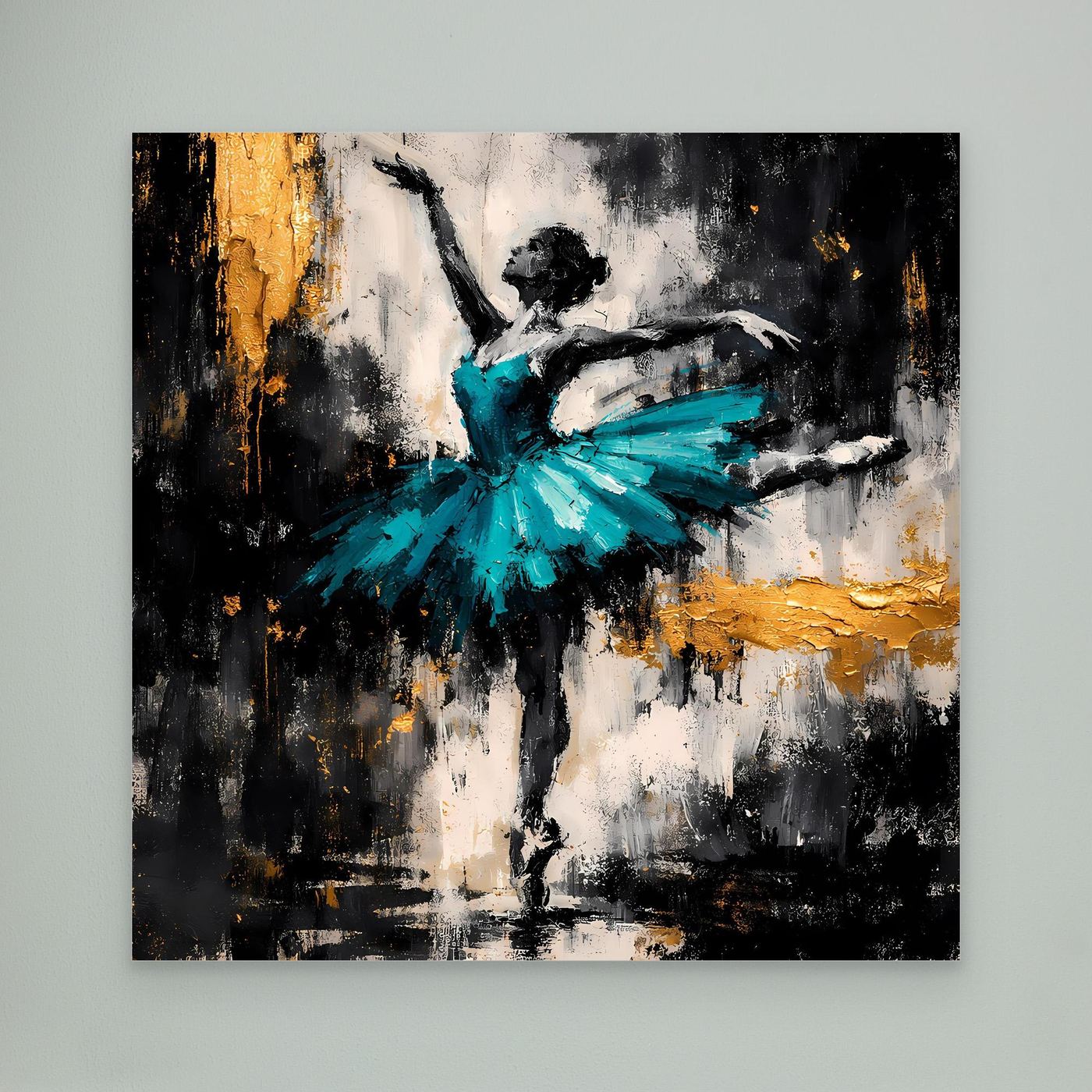 Leinwand Abstrakte Ballerina in Türkis und Gold | Modernes Ballett Wandbild mit Tanz-Motiv