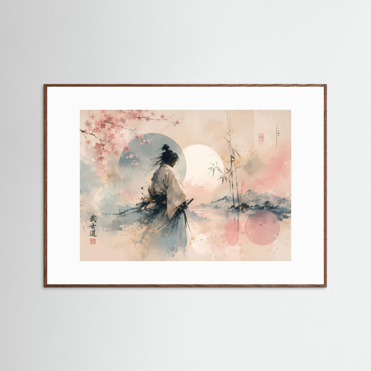 Samurai-Kunstdruck im dunkelbraunen Holzrahmen, Silhouette unter Kirschblüten