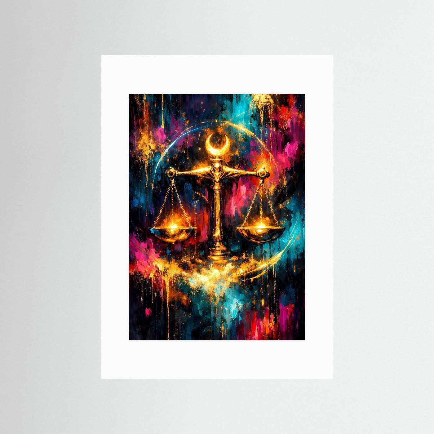 Wandposter mit goldener Waage im Rahmen, umgeben von weißem Passepartout.