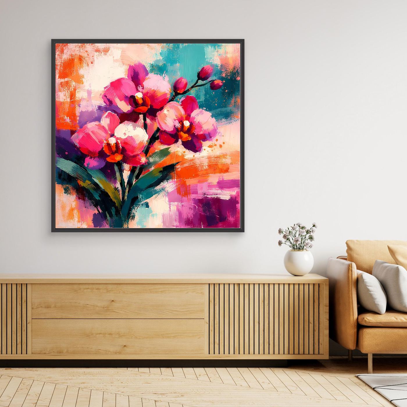 Leinwand-Wandbild mit abstrakten Orchideen in bunten Farben, schwarzer Rahmen