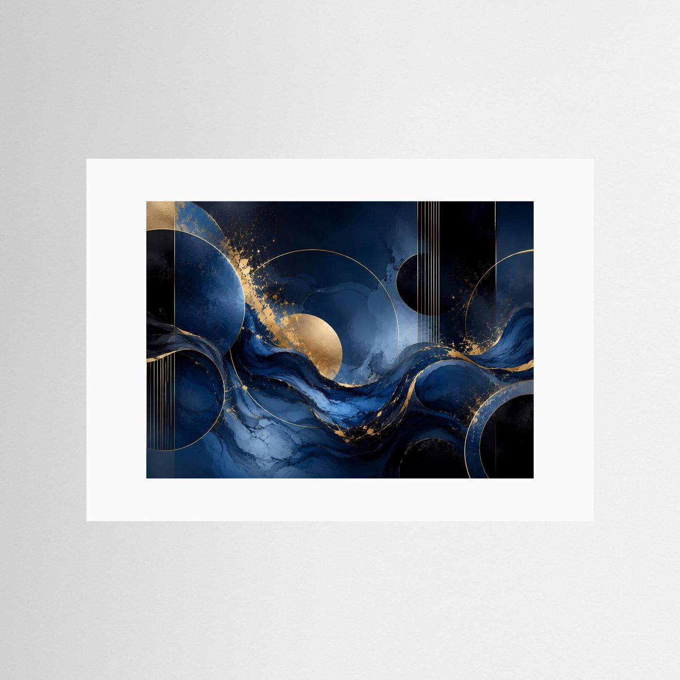 Abstrakte Wellen in Tiefblau und Gold | Luxuriöse moderne Kunst mit fließenden Formen und geometrischen Kreisen | Elegantes Schwarz-Blau-Gold Wandbild im Querformat