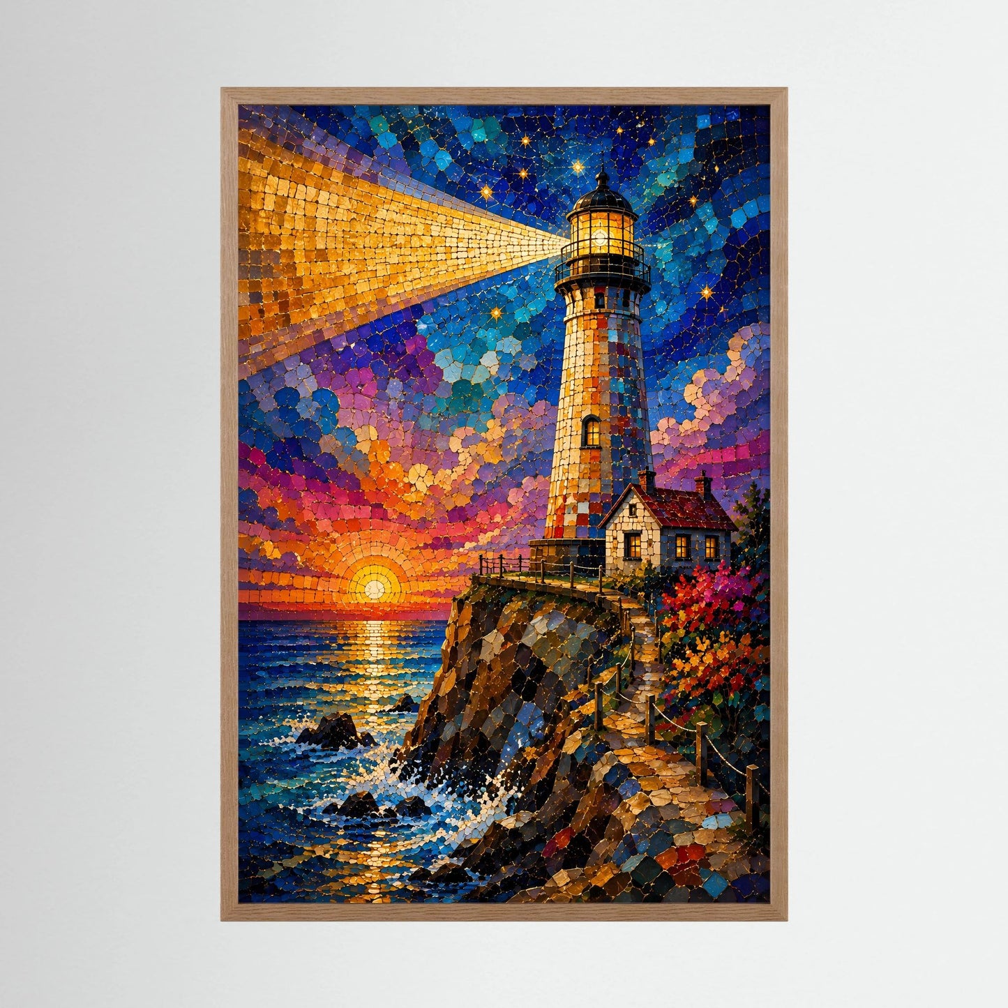 Leuchtturm im Sonnenuntergang | Farbenfrohe Mosaik Küstenkunst | Poster Hochformat