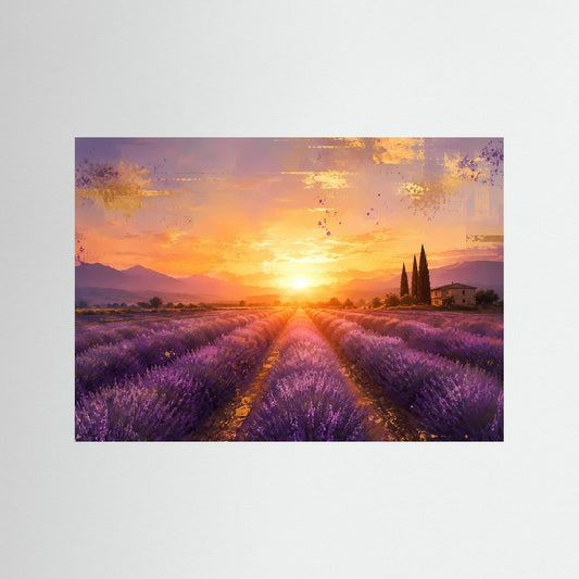 Panoramaposter mit Lavendelfeld bei Sonnenuntergang, lila Blüten und Sonnenaufgangslicht