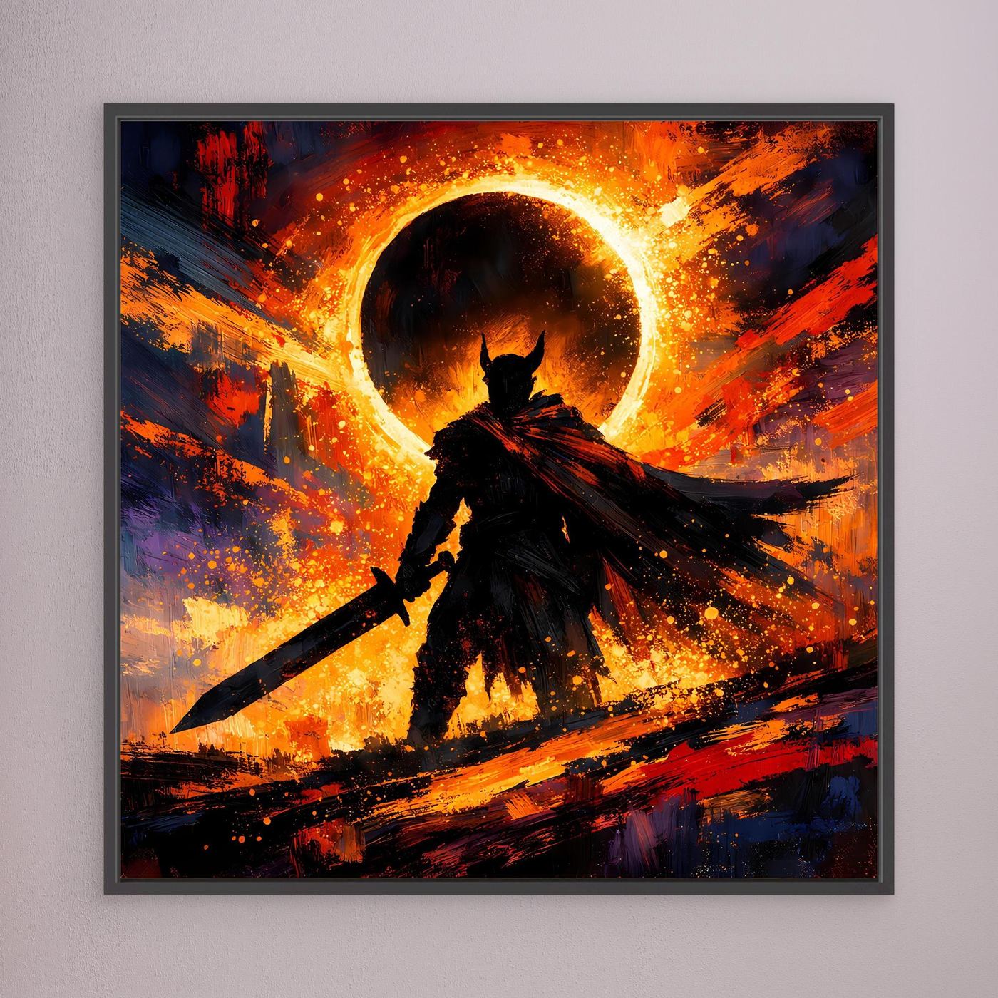 Gerahmtes Fantasy-Wandbild mit dunkler Ritter-Silhouette und hell leuchtendem Sonnenfinsternis-Kreis