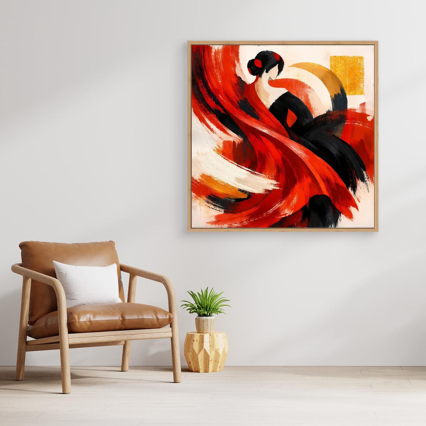 Gerahmtes Leinwandbild Flamenco-Tänzerin mit roter und schwarzer Farbkomposition, Holzrahmen