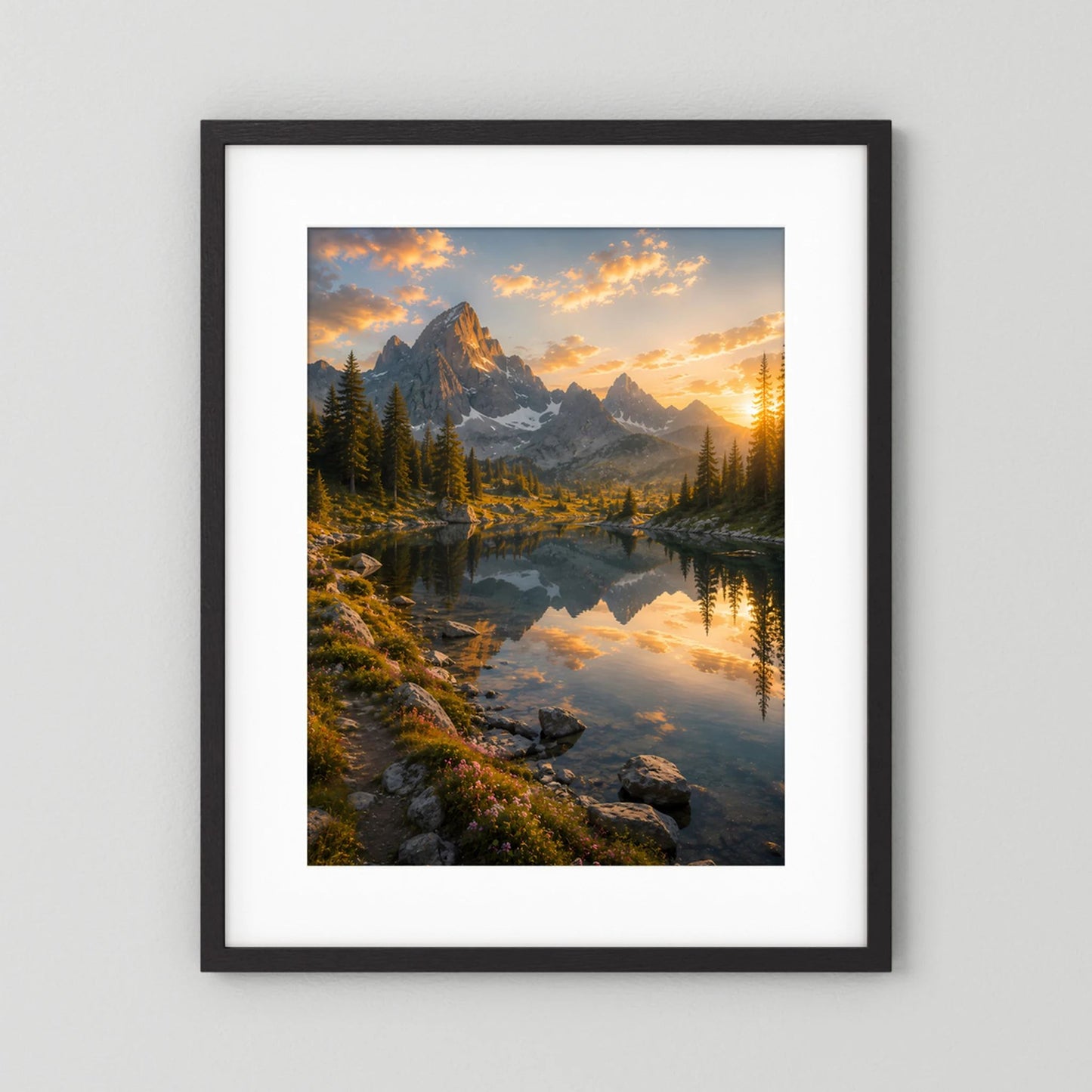 Bergsee bei Sonnenuntergang | Alpenpanorama mit Wasserspiegelung | Poster Hochformat
