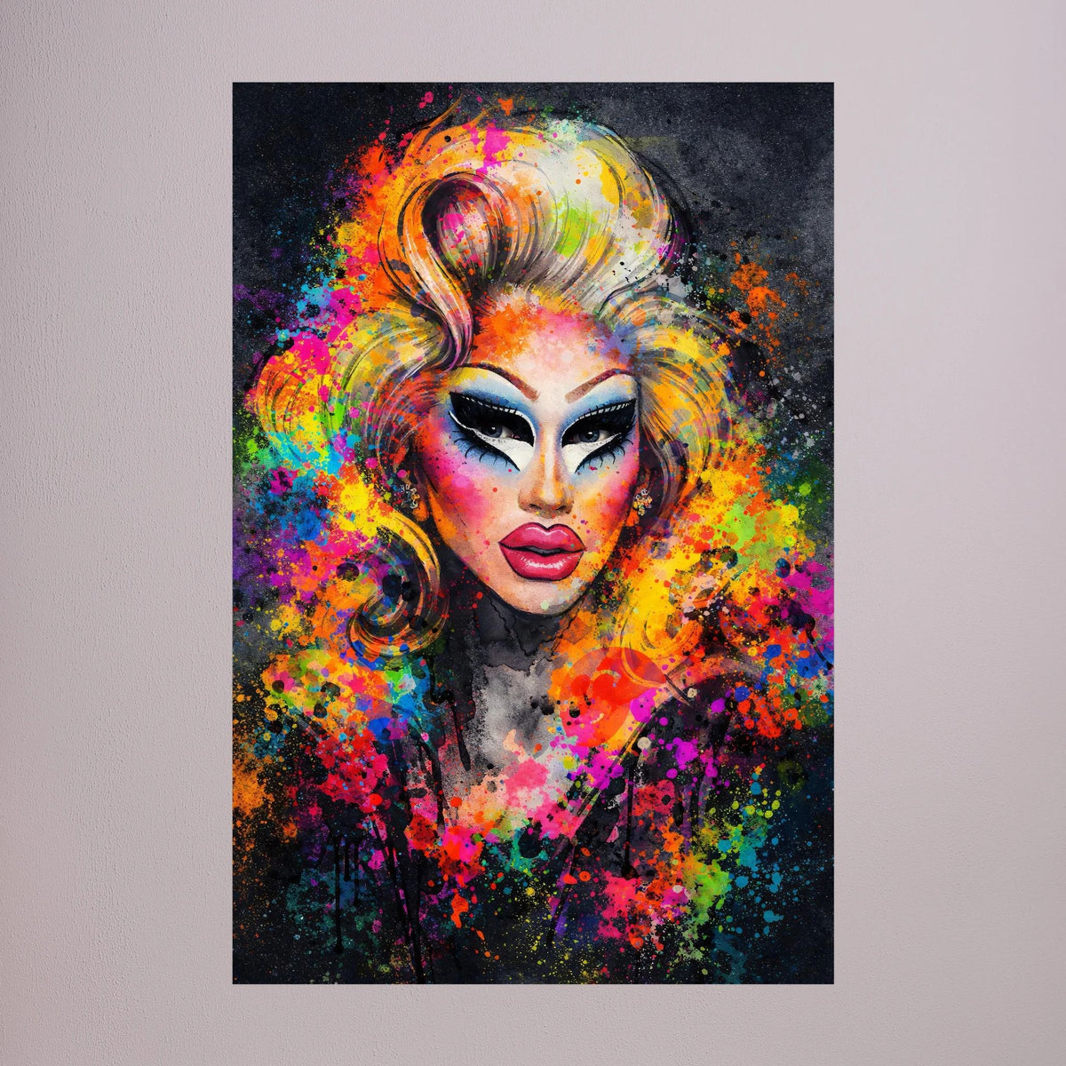 Wandbild mit Drag-Queen-Porträt, abstrakte Farbkleckse in bunten Tönen, Hochformat