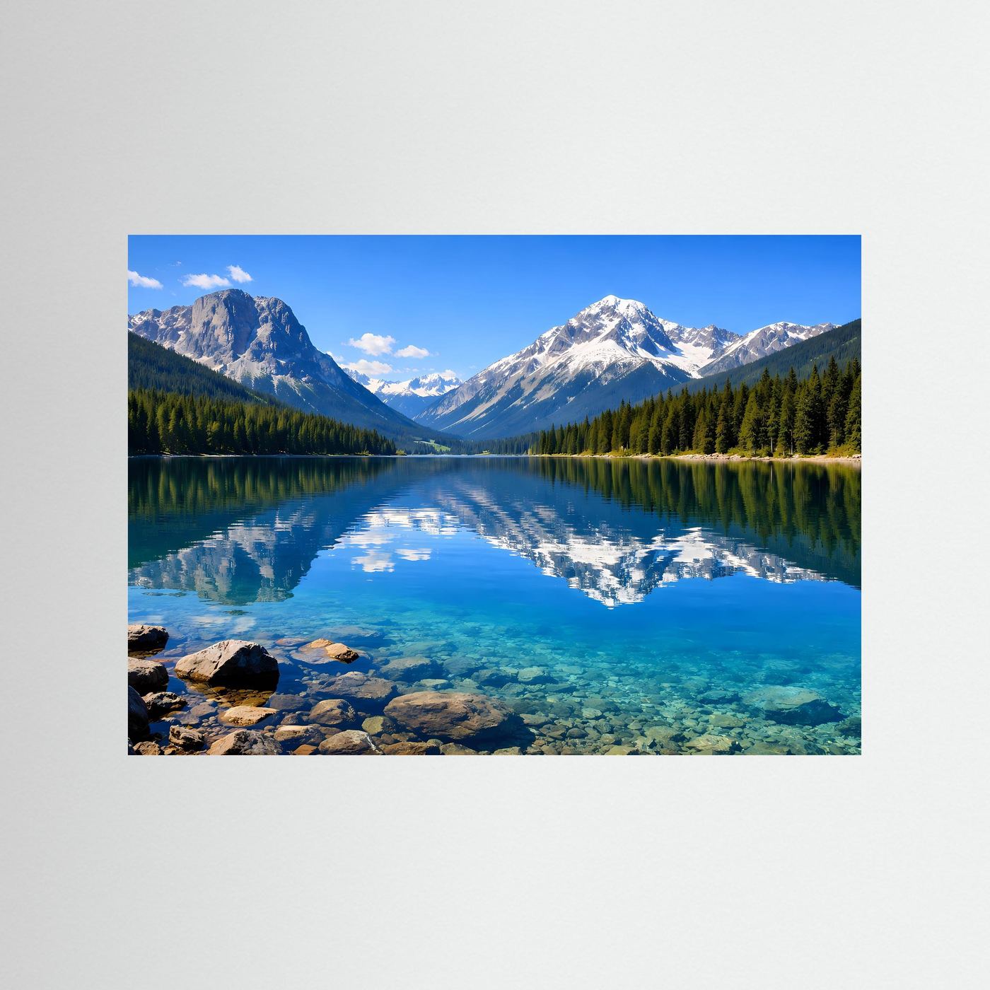 Panorama-Bergsee-Poster mit spiegelnden Alpen, türkisfarbenem Wasser und Felsstrand