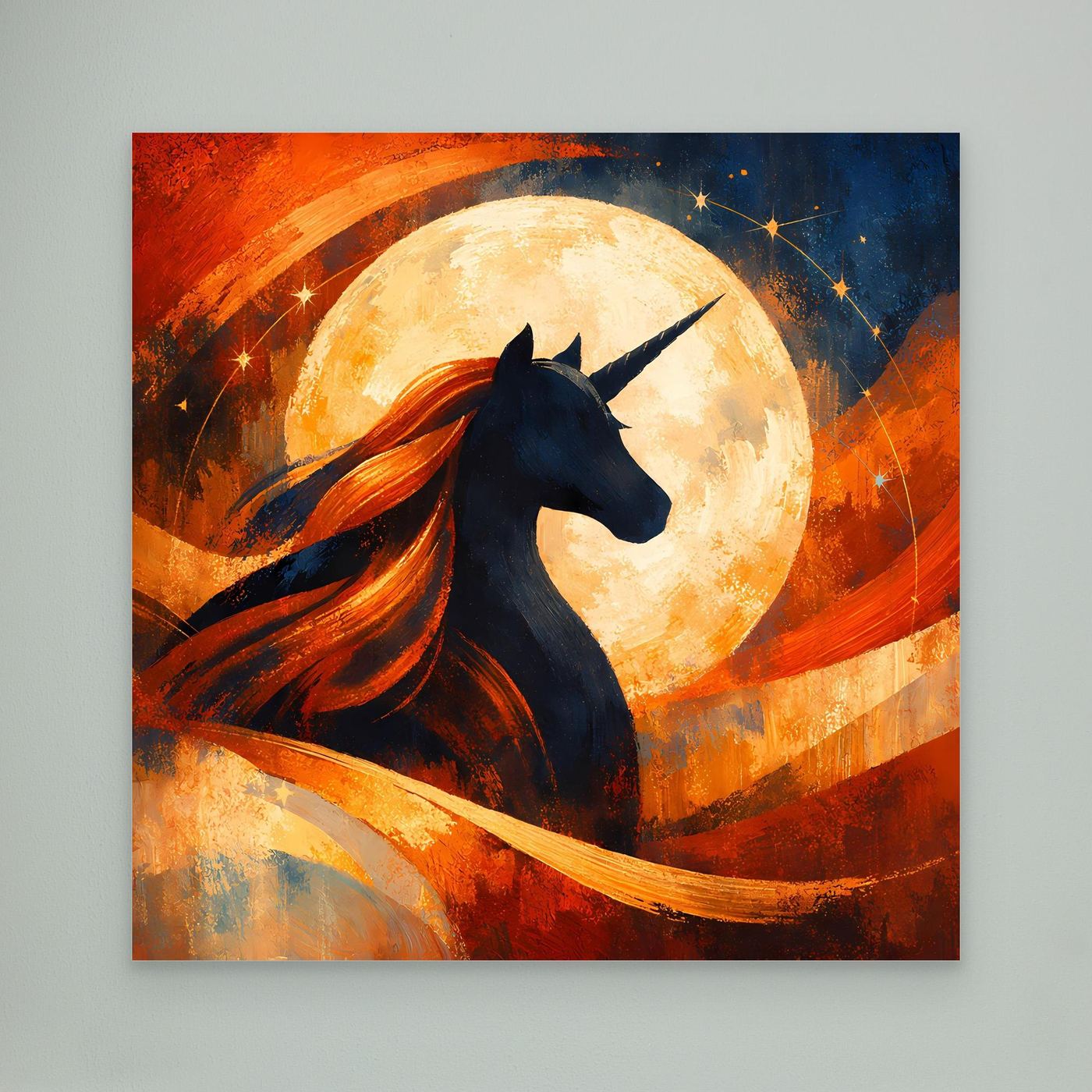 Leinwandbild mit dunklem Einhorn vor leuchtendem Vollmond, warmes abstraktes Farbspiel