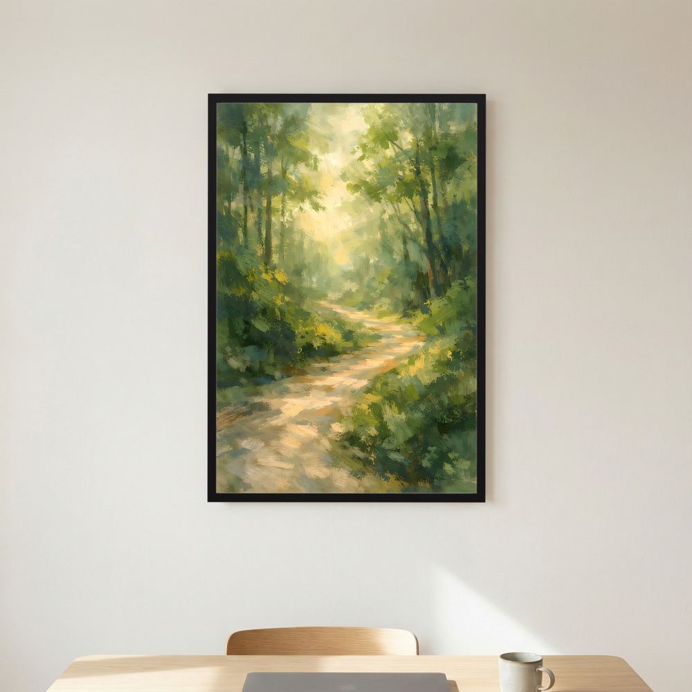 Wandposter mit Waldweg im Sonnenlicht, schwarzer Rahmen, hochformatig