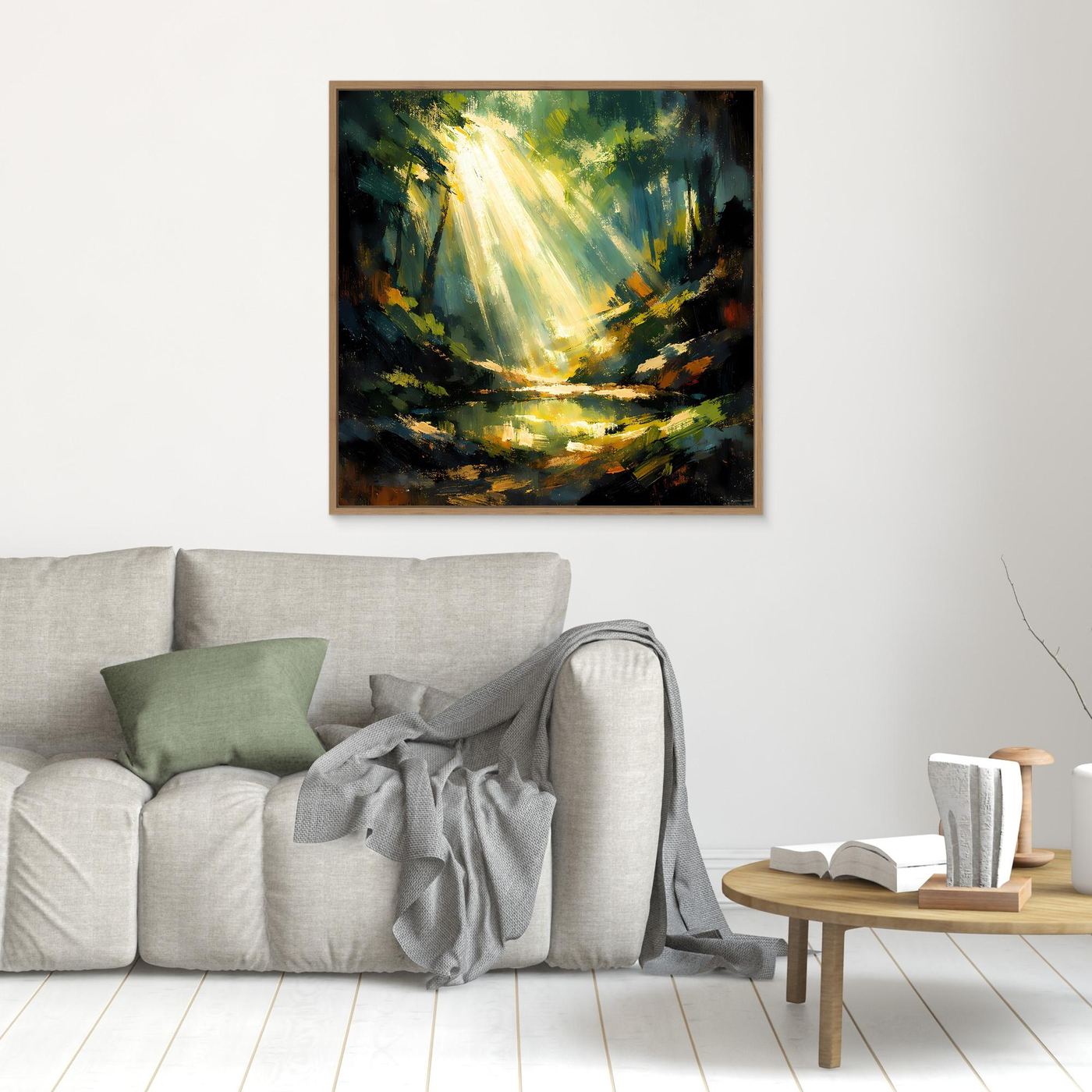 Kleines Leinwand-Wandbild mit goldenen Lichtstrahlen im Wald, braun gerahmt
