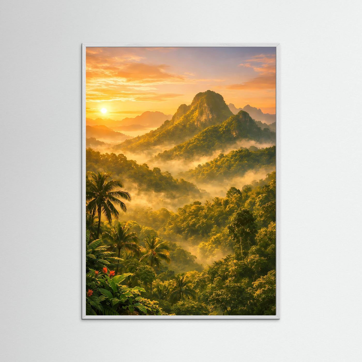 Vertikales Berg-Poster mit Dschungel und goldenem Sonnenaufgang, weißer Rahmen