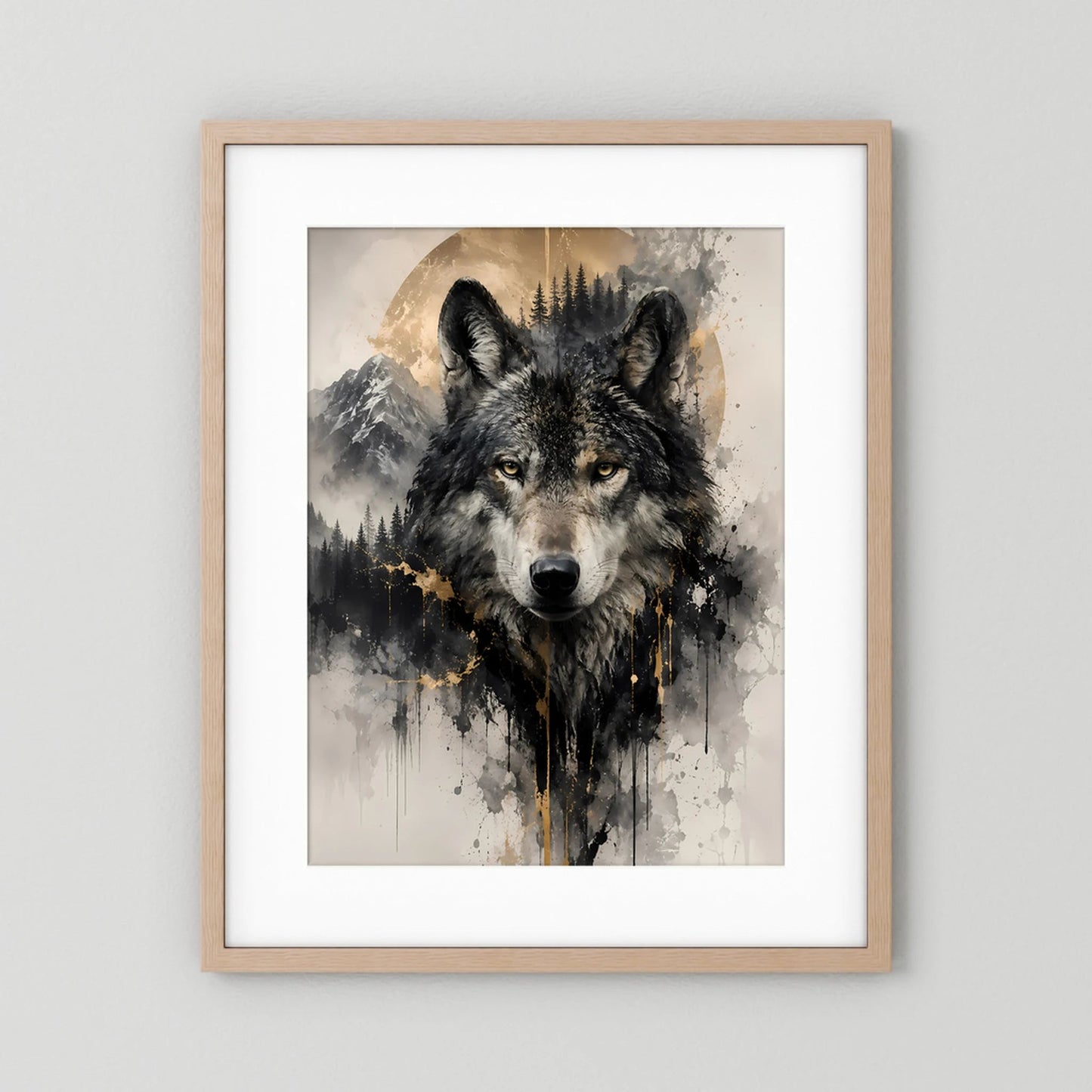 Gerahmtes Wolfposter mit hellbraunem Holzrahmen und weißem Rand, Wolfkopf in Schwarz