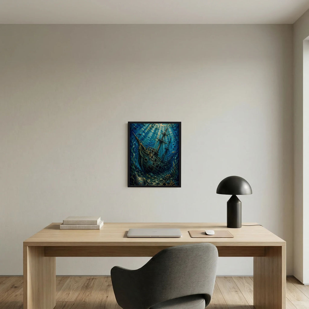 Poster mit Mosaik-Segelschiff im Blaugrün, rechteckig, im dunklen Rahmen