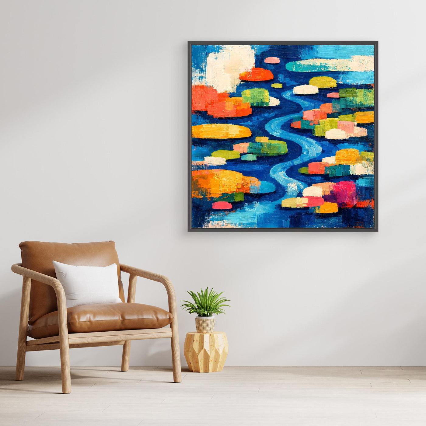 Leinwand-Wandbild mit abstraktem Flusslauf, dunkel gerahmt, bunte rechteckige Farbflächen