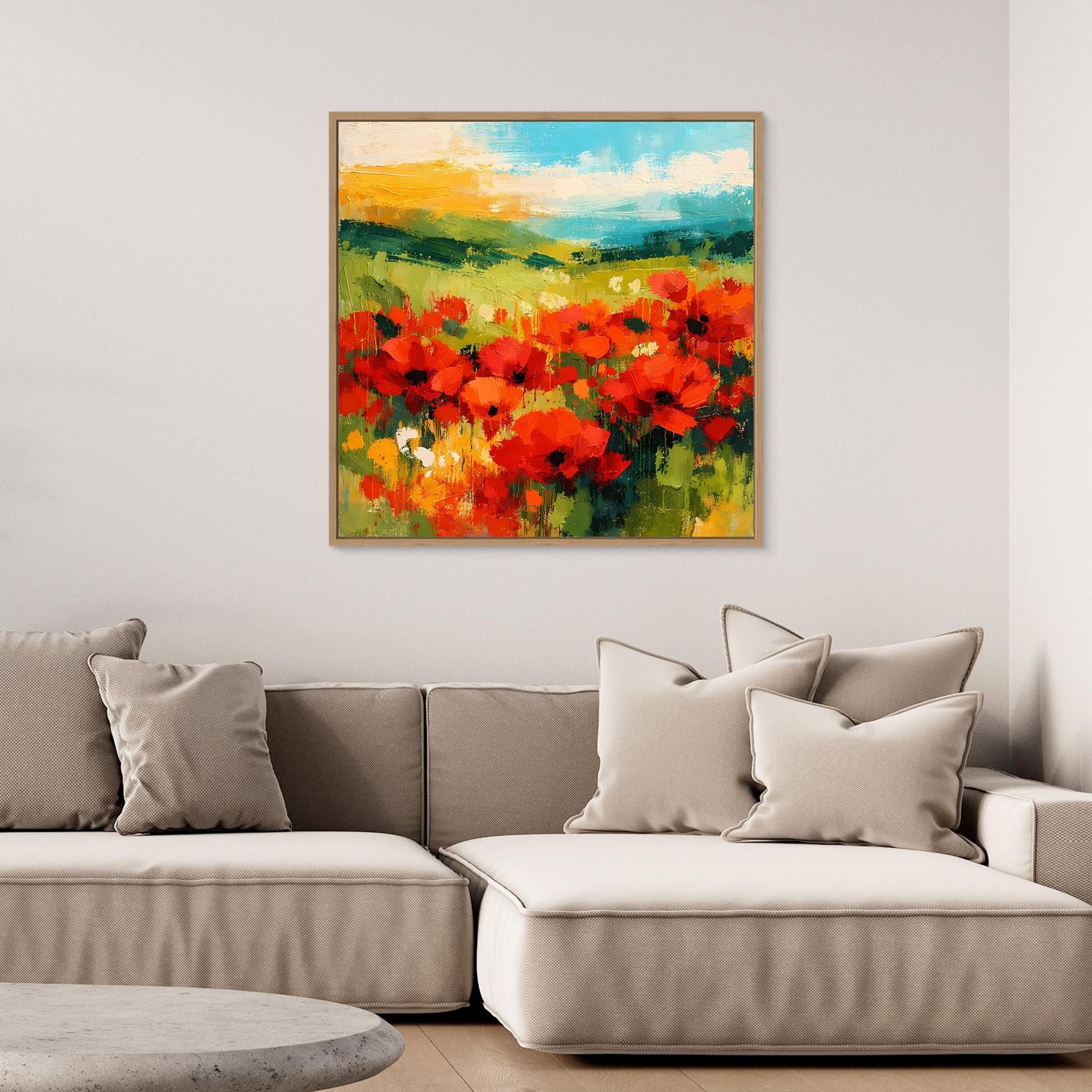 Poppy field canvas wall art with oak frame, square red flower landscape