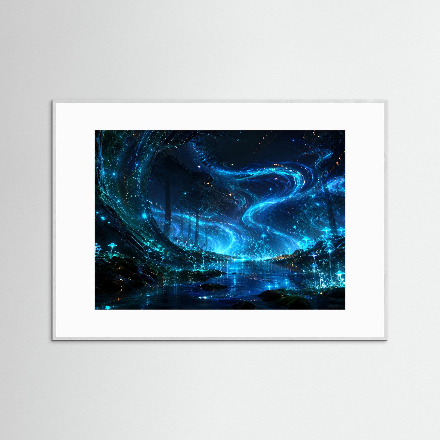Biolumineszierender Wald Poster | Magischer Leuchtwald Wandbild | Fantasie Natur Landschaft | Mystischer Nachtwald | Premium Leinwand Wall Art