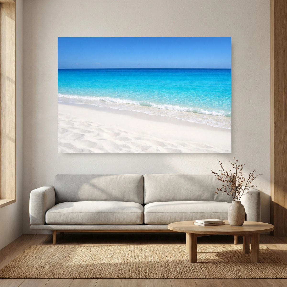 Wandbild mit türkisblauem Meer über weißem Sandstrand, blau gerahmt, Querformat