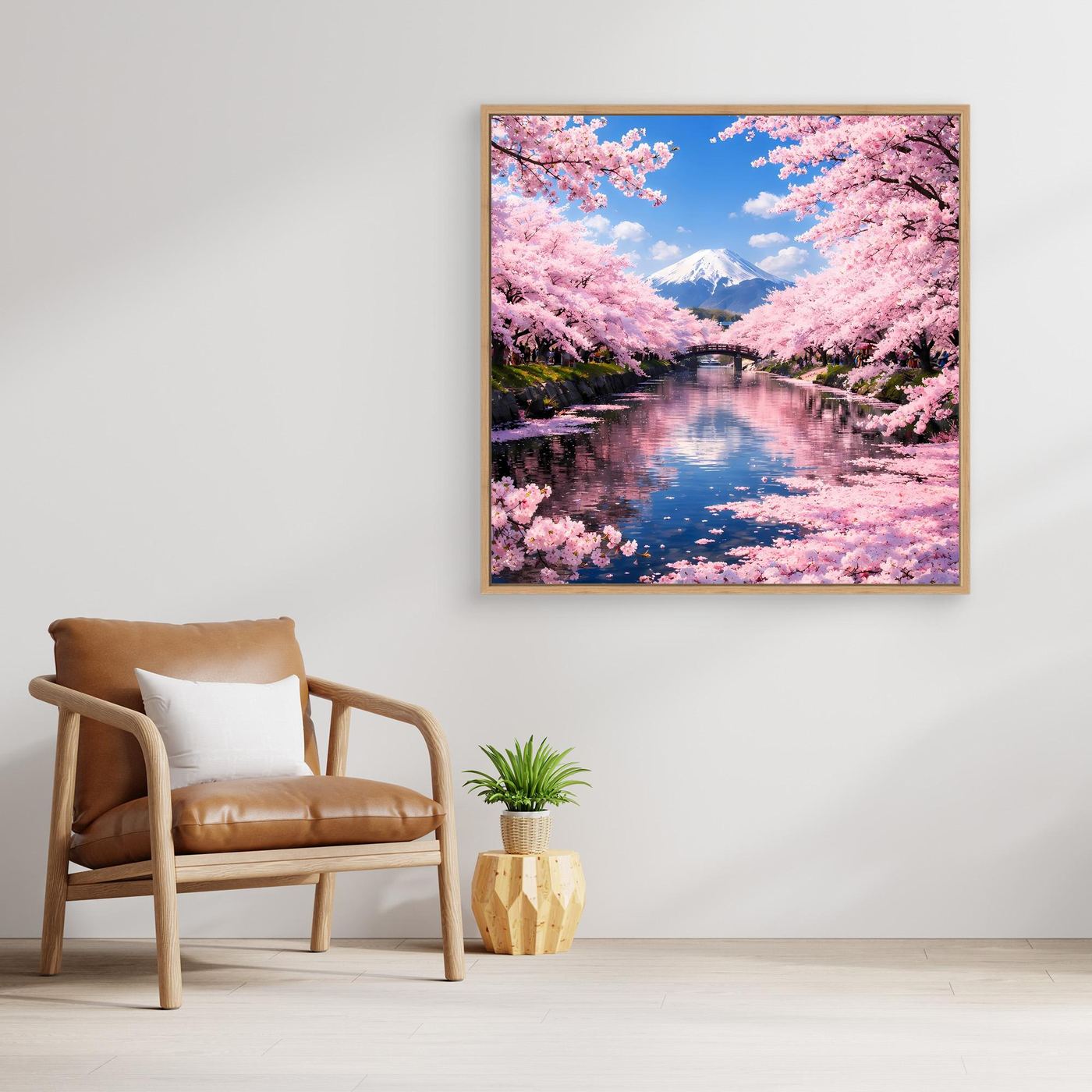 Leinwandbild mit Sakura-Blüten und Berg Fuji im braunen Holzrahmen