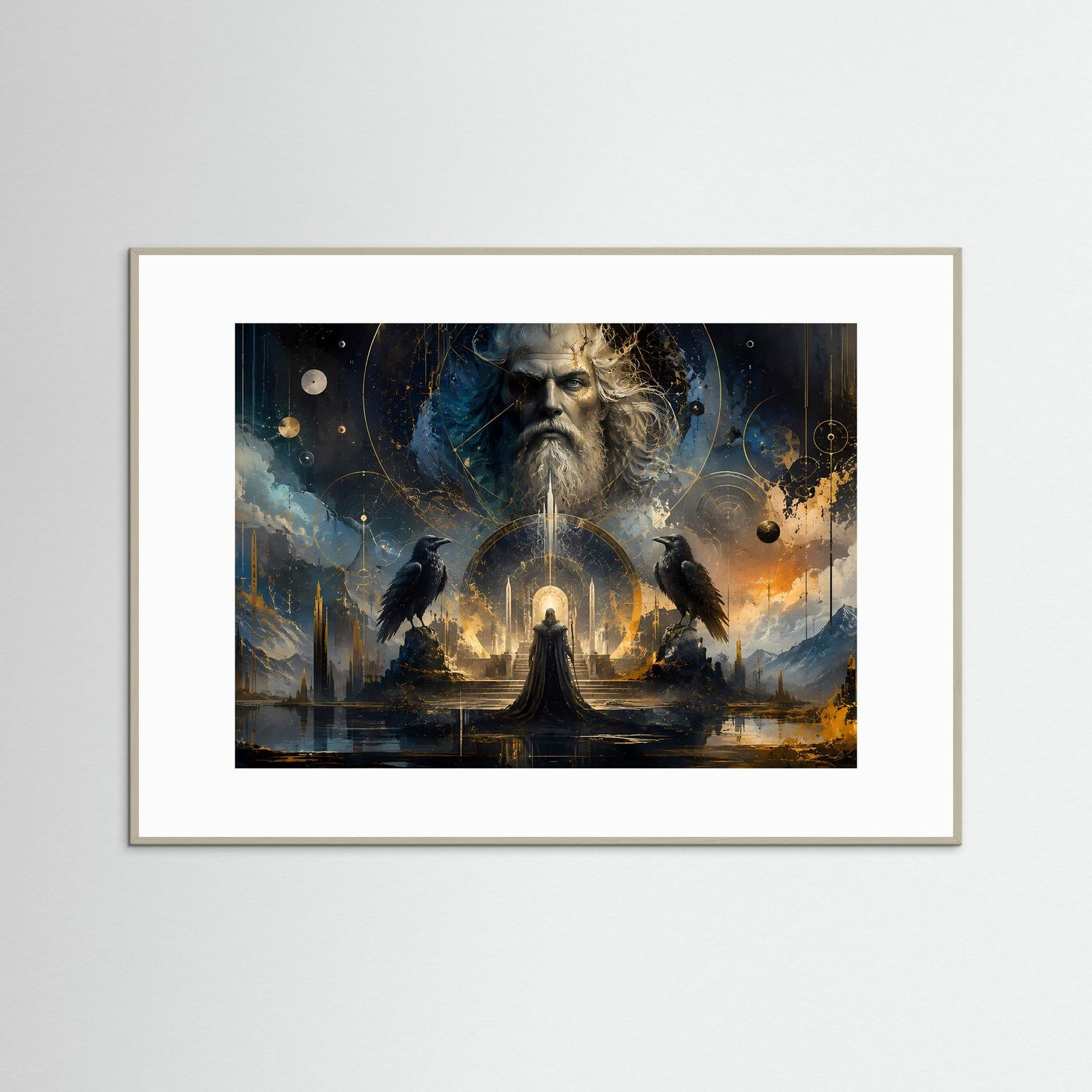 Odin mit Raben in Blau & Gold | Mystische nordische Götter Wandkunst