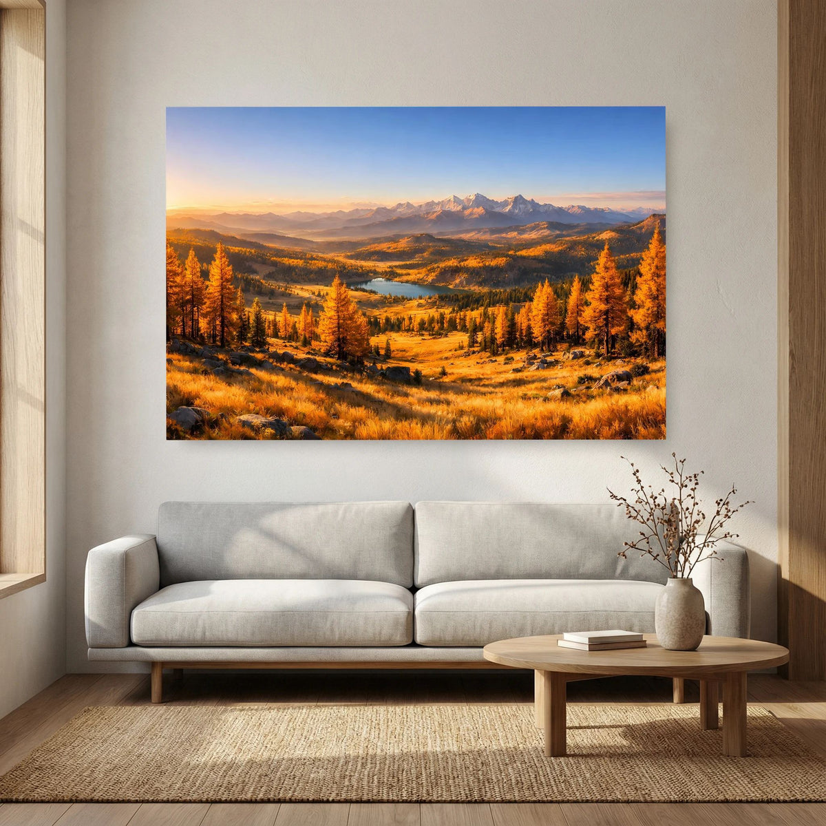 Wandbild im Querformat: Herbstwiese mit goldenem Wald, schlängelndem Fluss und Bergen