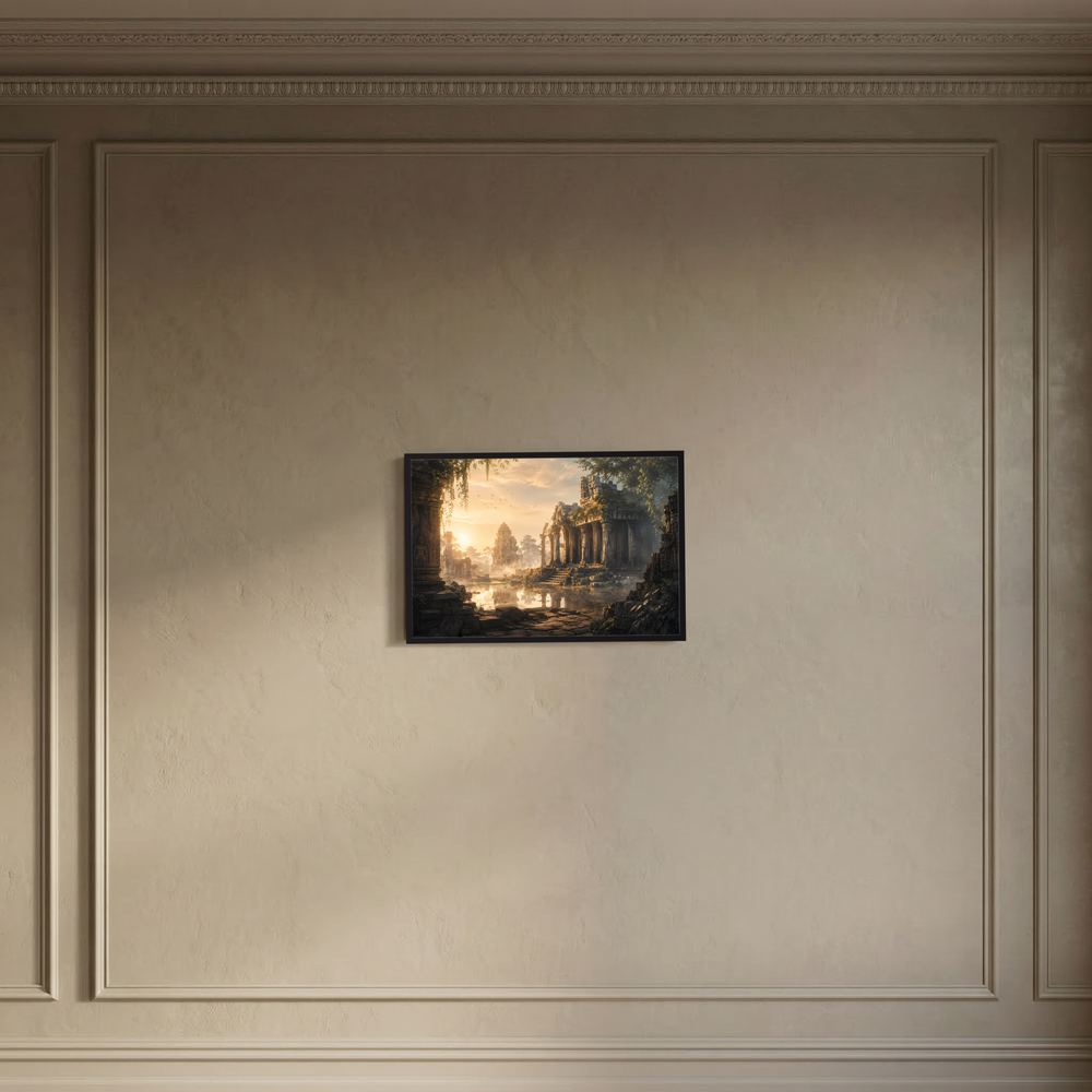Gerahmtes Querformat-Poster „Vergessener Tempel“ vor Zierrahmen an der Wand