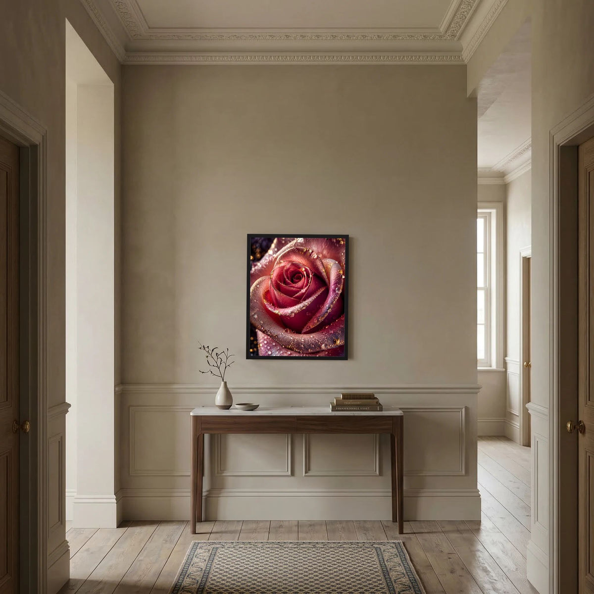 Wandposter mit dunkelrosa Rose, Wassertropfen und goldenen Akzenten