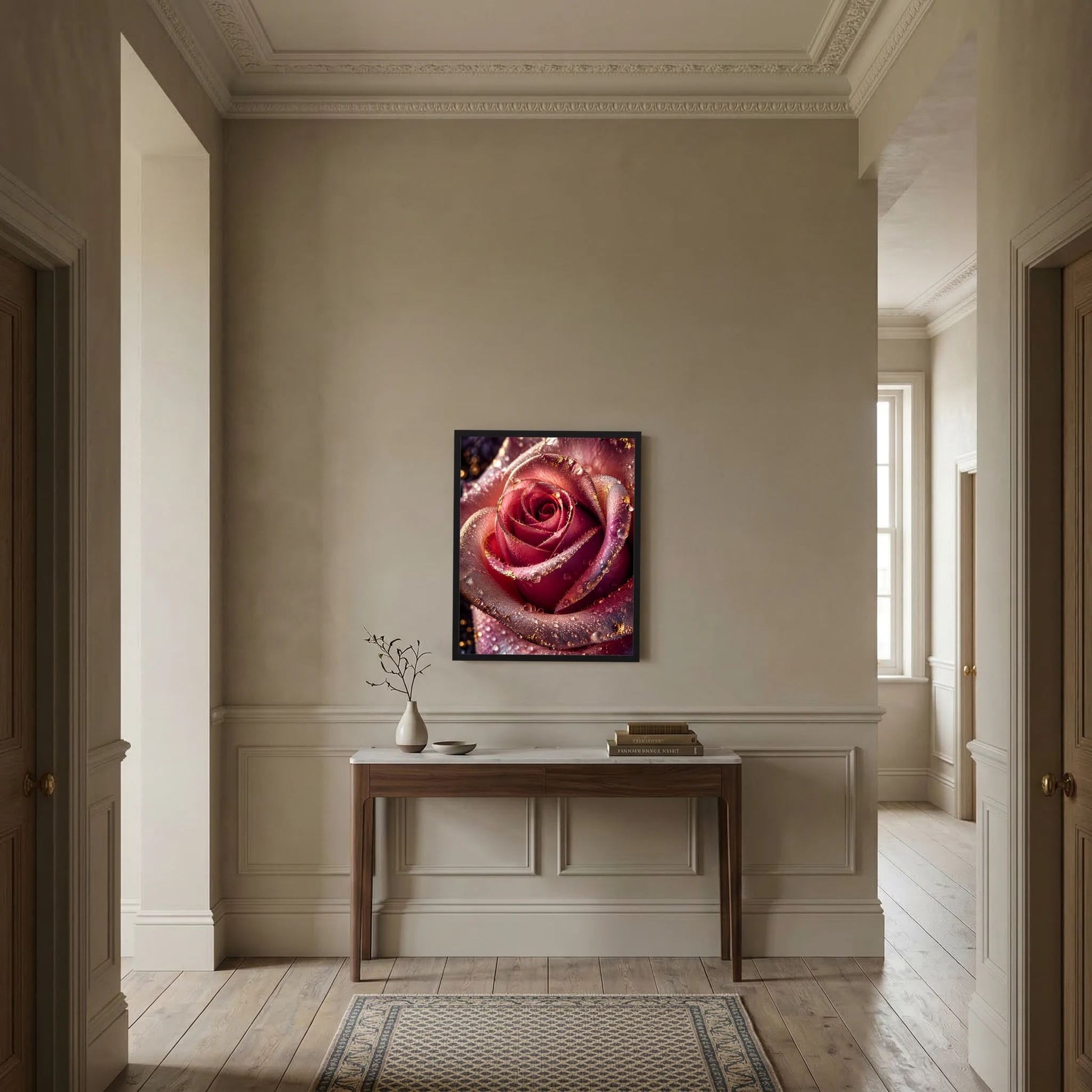 Wandposter mit dunkelrosa Rose, Wassertropfen und goldenen Akzenten