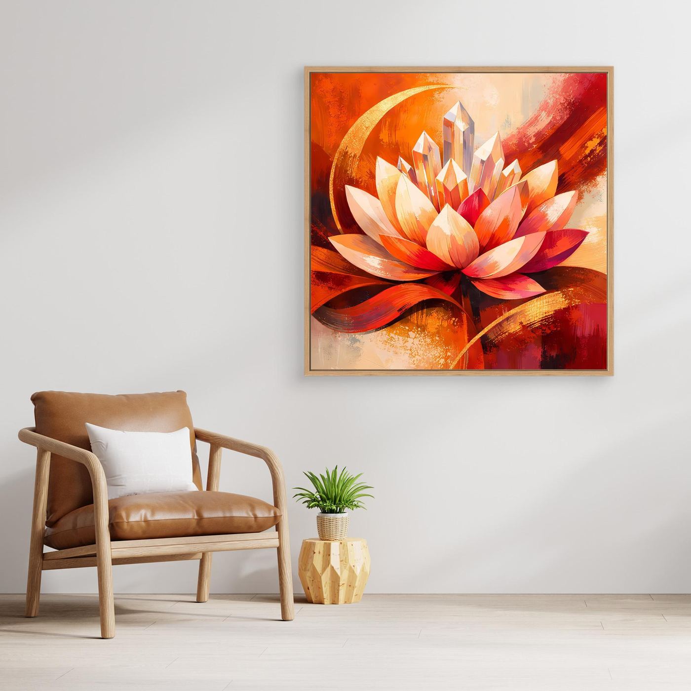 Gerahmtes Leinwandbild mit abstrakter Lotusblüte in Orange und Rot, dynamische Pinselstriche