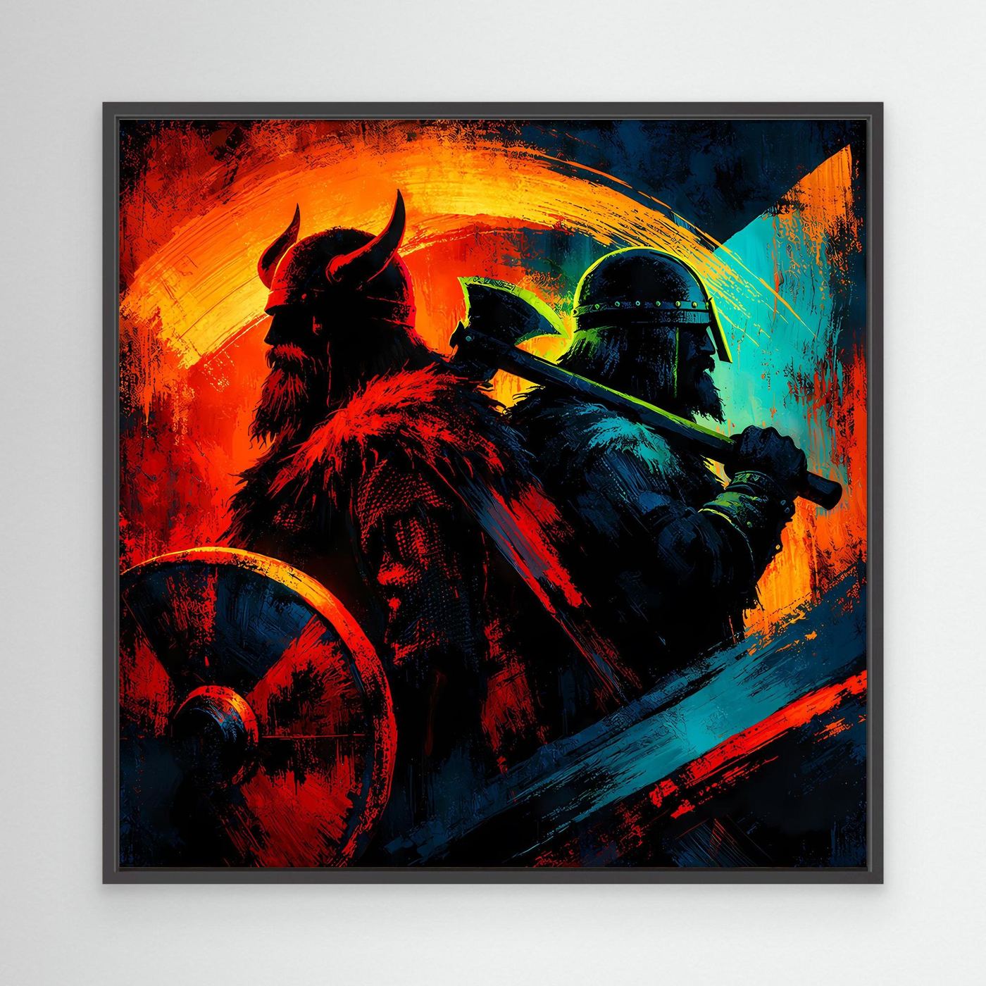 Leinwand-Wandbild im schwarzen Rahmen mit Wikingerkrieger, Helm und Axt, kontrastreiche Darstellung