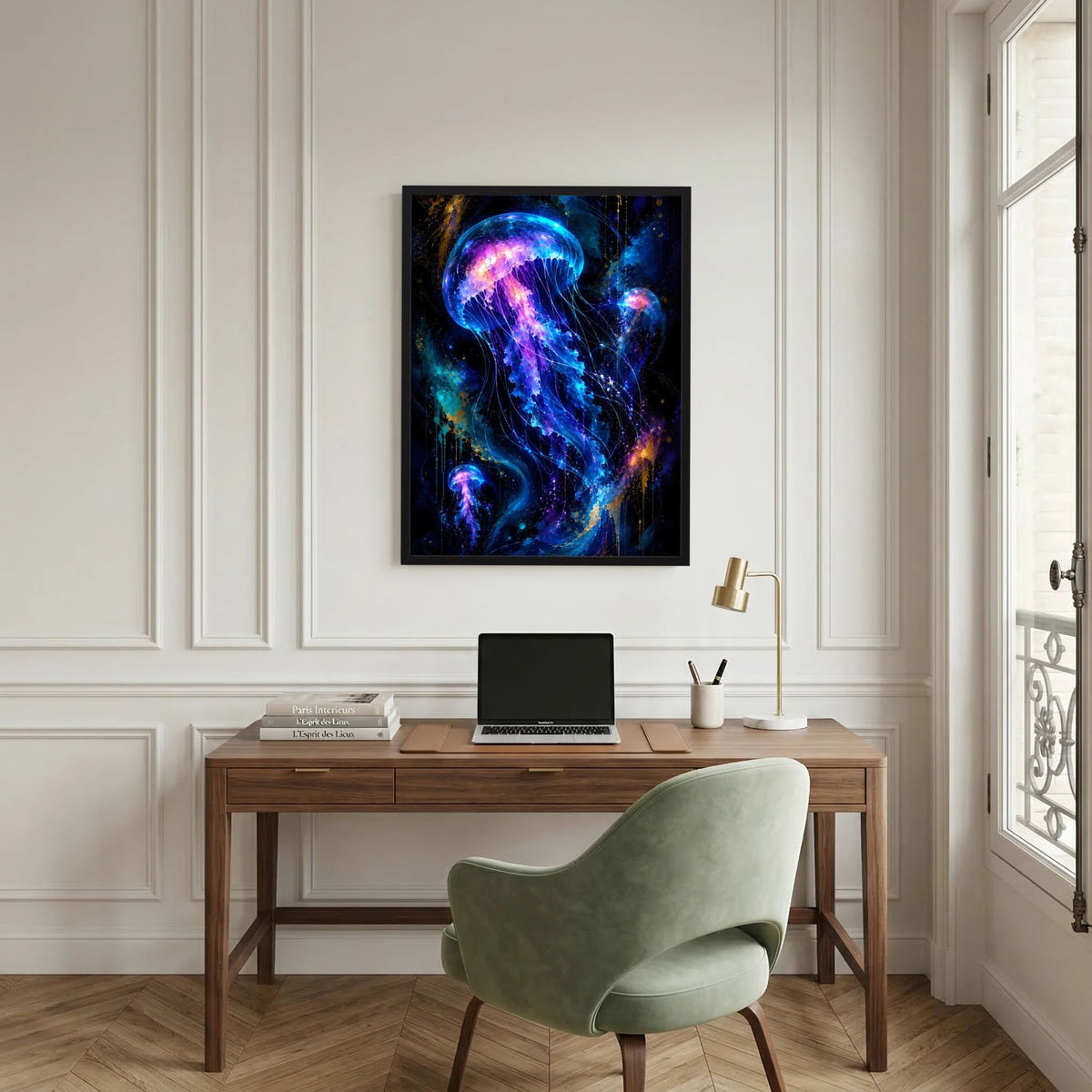 Hochformat-Poster mit leuchtenden Quallen in Neonblau und Violett, schwarzer Rahmen