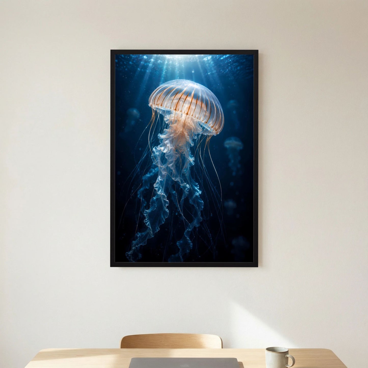 Hochformat-Poster mit Qualle unter Wasser, blaue Lichtstrahlen, schwarzer Rahmen