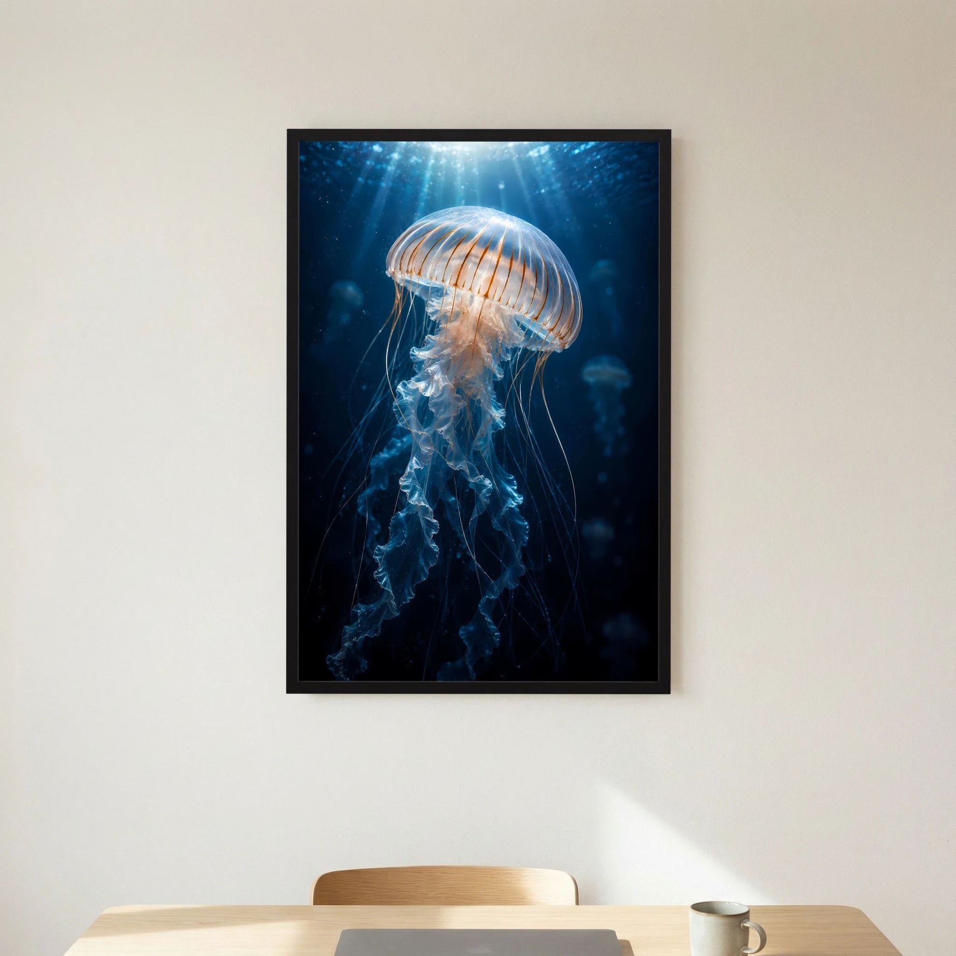 Hochformat-Poster mit Qualle unter Wasser, blaue Lichtstrahlen, schwarzer Rahmen