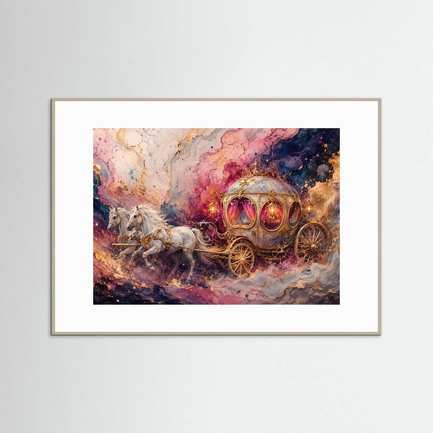 Märchenhafte Kutsche mit weißen Pferden | Fantasy Kunst in Rosa & Gold