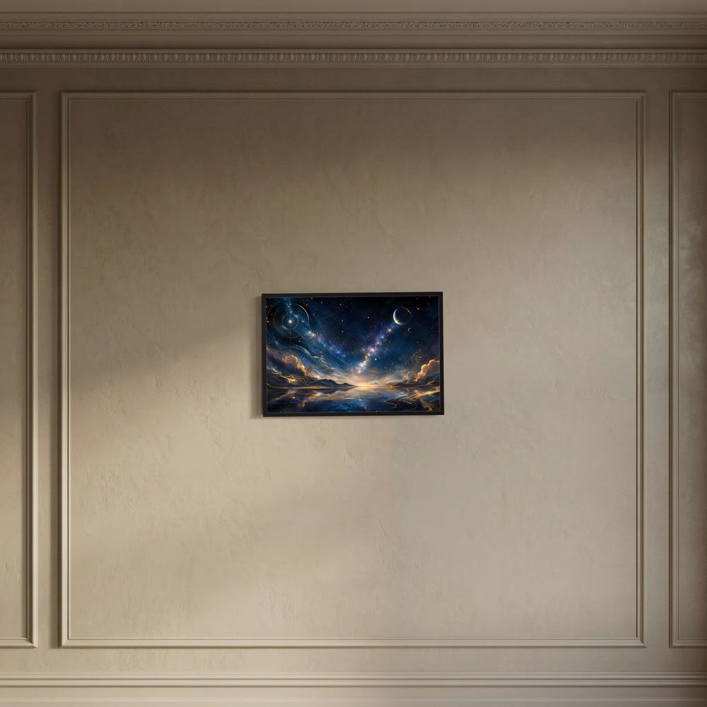 Wandkunst mit Sternenhimmel und planetenartigem Motiv in Blau und Gold, Querformat im dunklen Rahmen