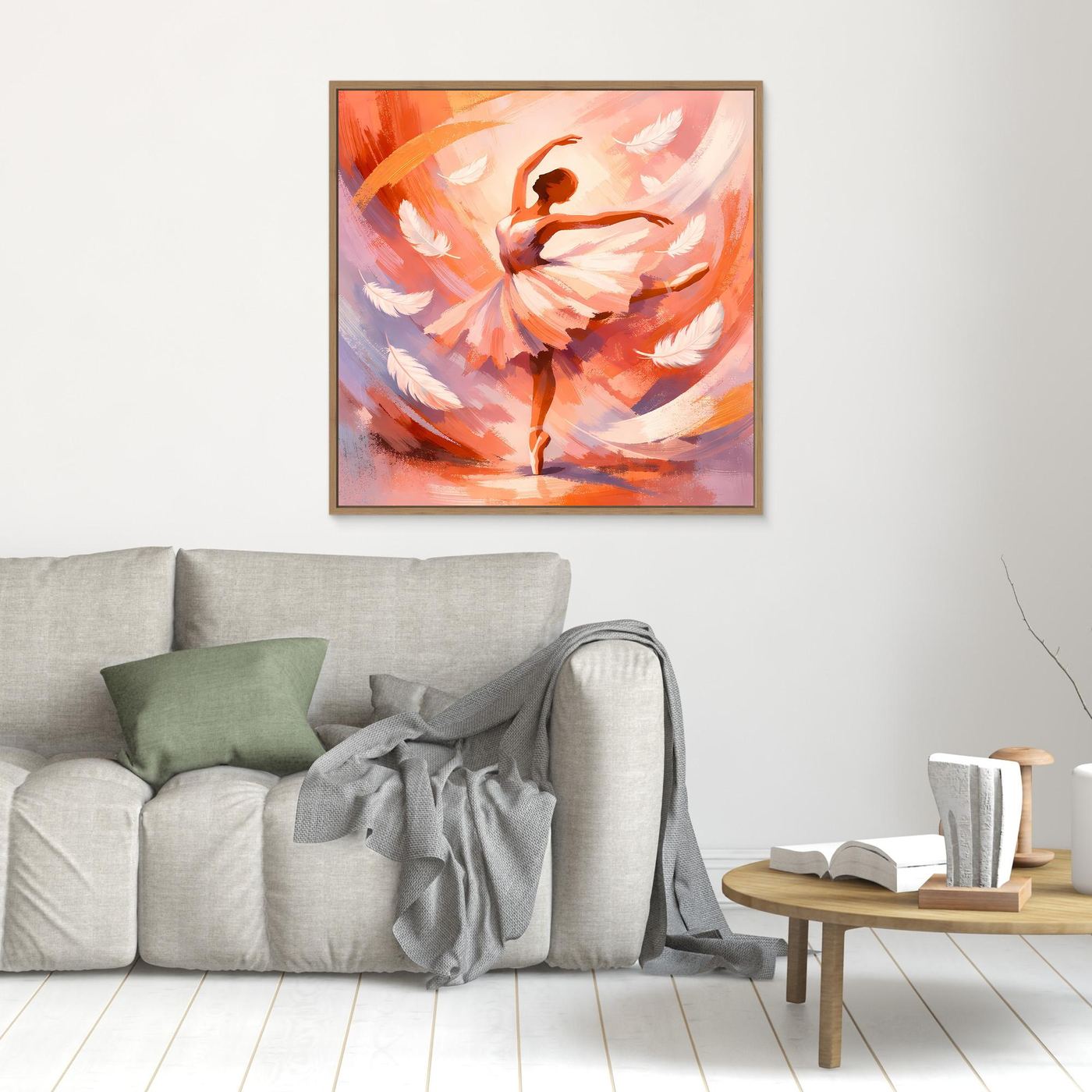 Leinwandbild mit abstrakter Ballerina in warmen Orange- und Rosatönen, braun gerahmt