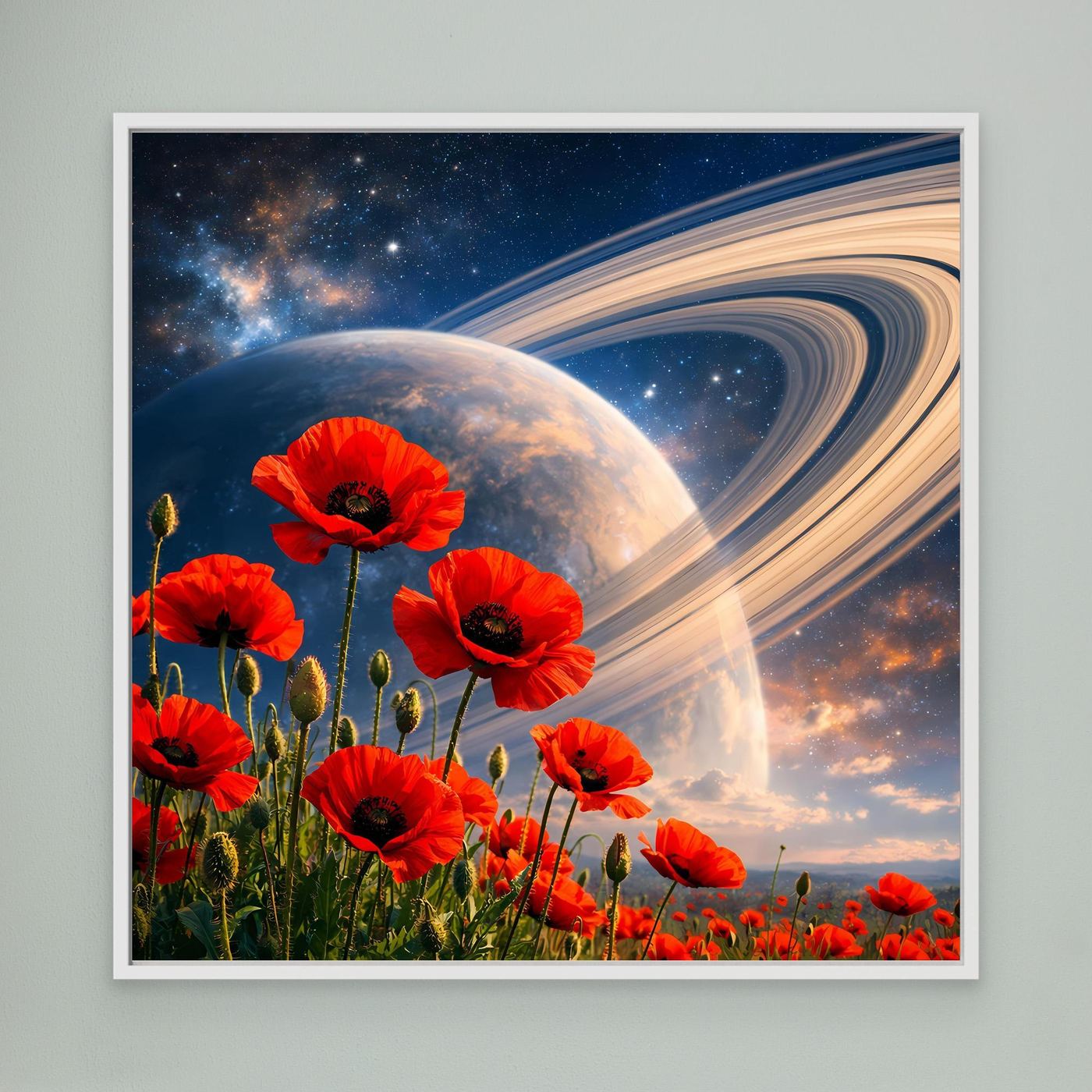 Leinwandbild mit roten Mohnblumen, Planet und Spiralnebel im Weltraum, weiß gerahmt