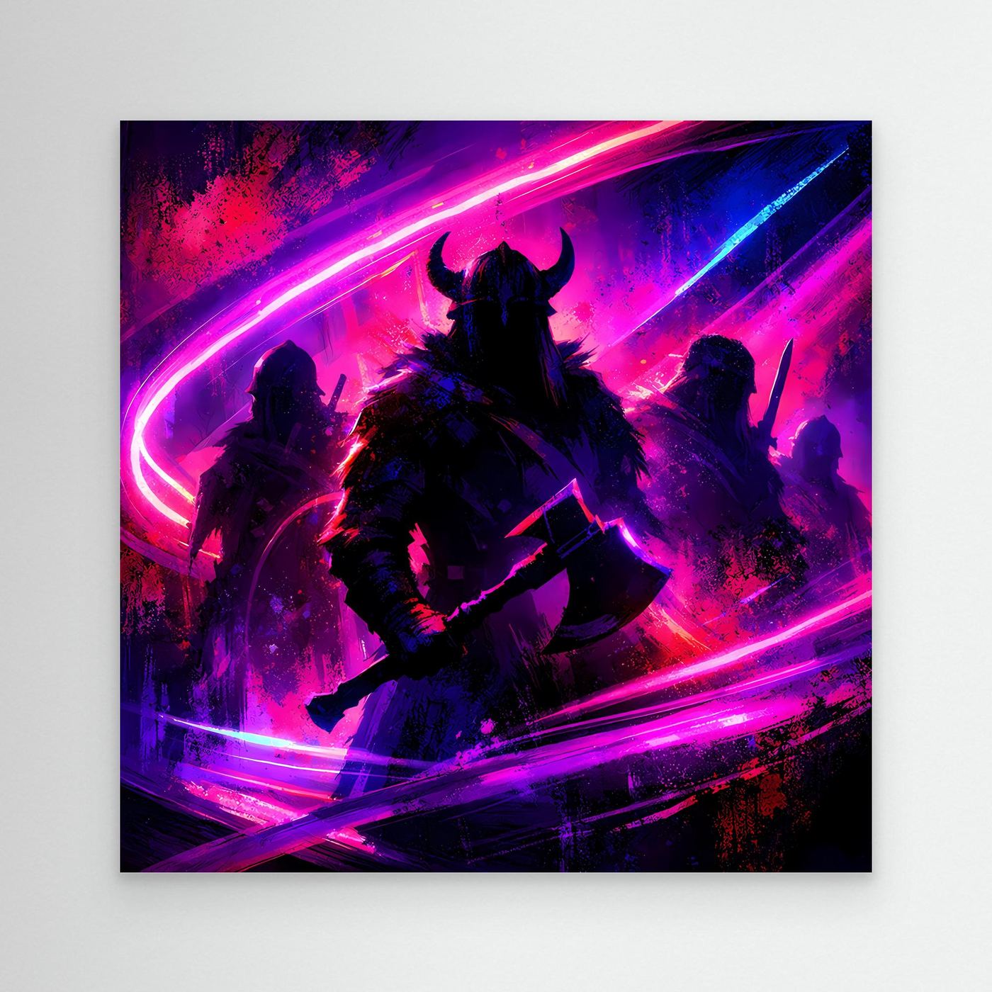 Neon-Wandbild mit Wikingerkriegern in Pink/Lila/Blau, abstrakte Silhouetten, ohne Rahmen