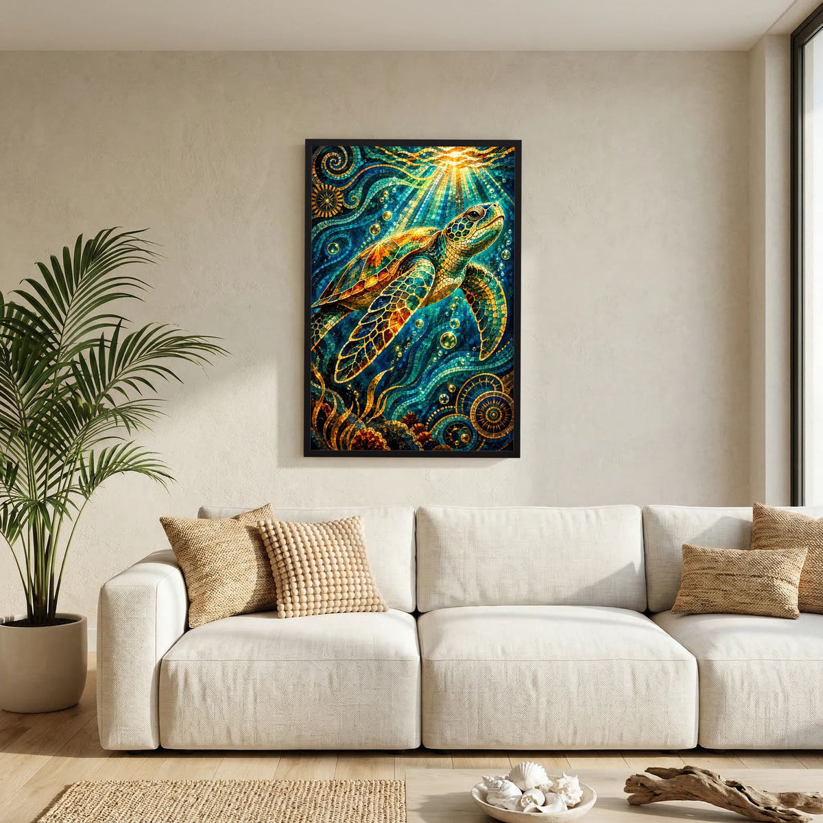 Kunstposter mit Meeresschildkröte im Mosaik-Design, türkis und gold, im Wohnzimmer gerahmt