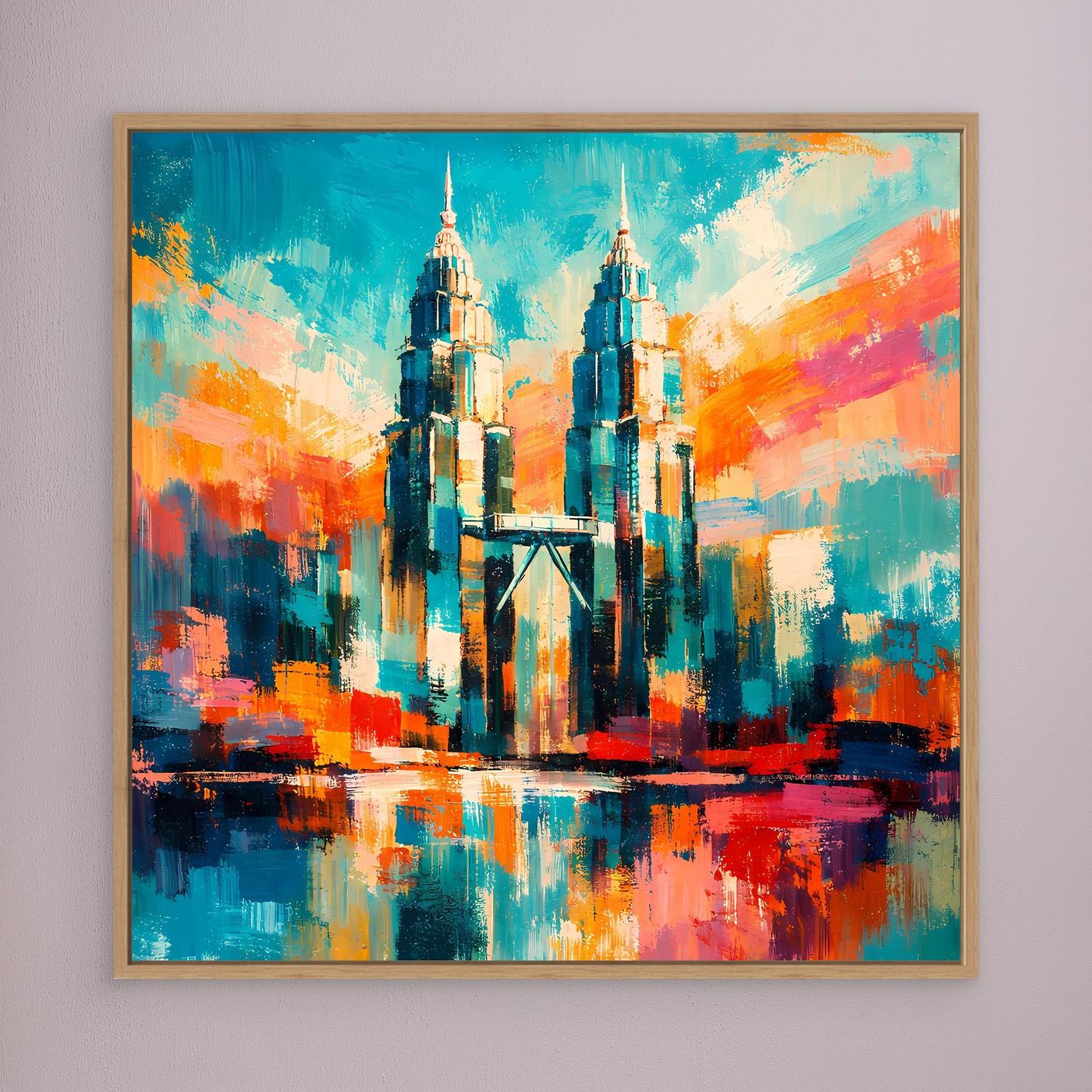 Leinwand-Wandbild mit farbigem abstraktem Türmepaar und Spiegelung, Holzrahmen