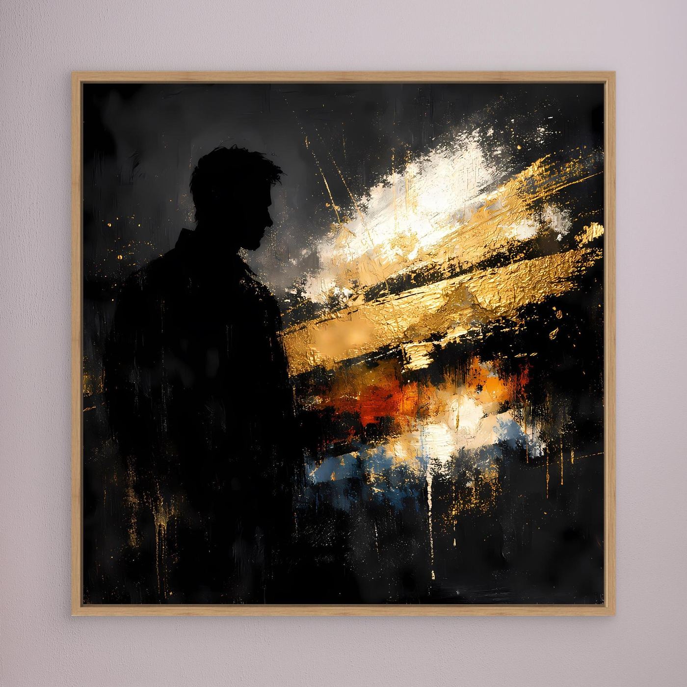 Leinwand Markante Silhouette in Gold und Schwarz | Modernes Abstraktes Männer Portrait Wandbild