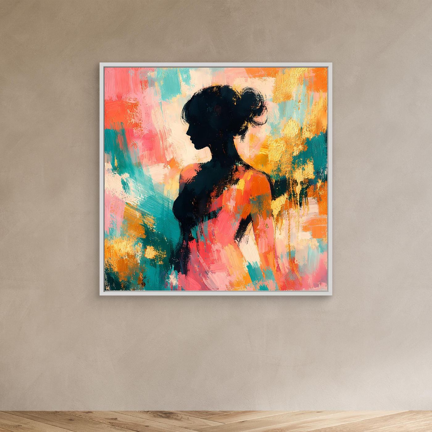 Leinwandbild mit abstrakter Frauensilhouette in Pastellfarben, weißer Rahmen