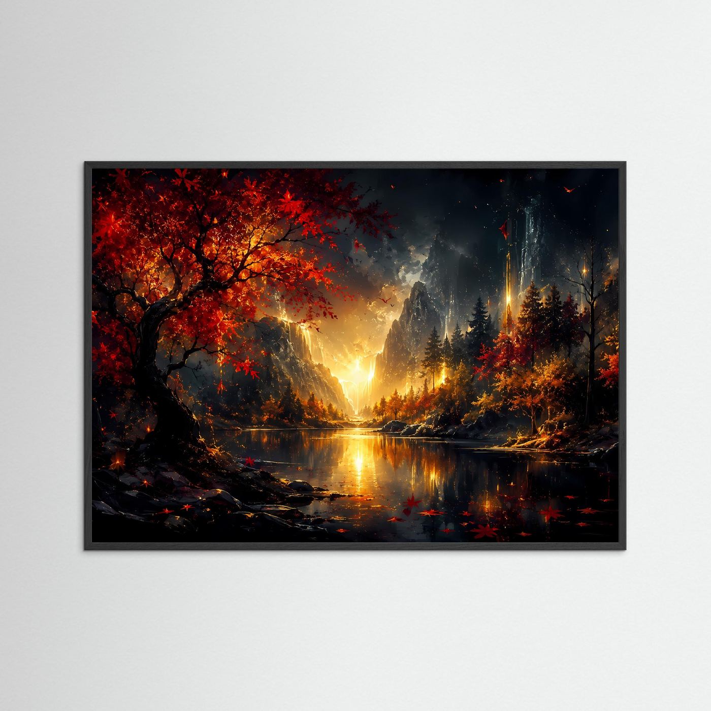 Magischer Herbstwald mit Wasserfall | Goldene Landschaft in Rot & Schwarz