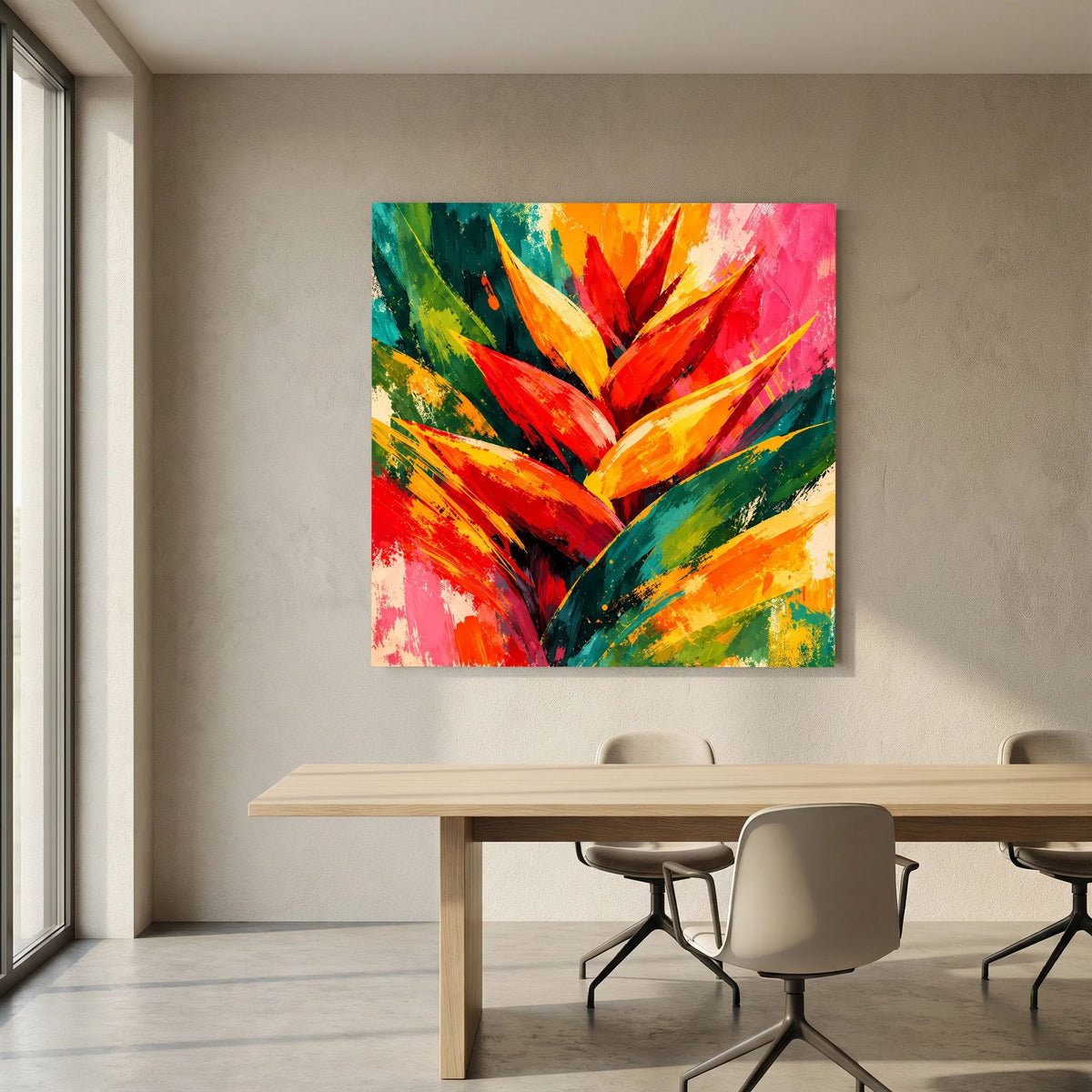 Leinwand Abstrakte Helikonie Blüte | Modernes Tropen Wandbild Bunt Exotisch