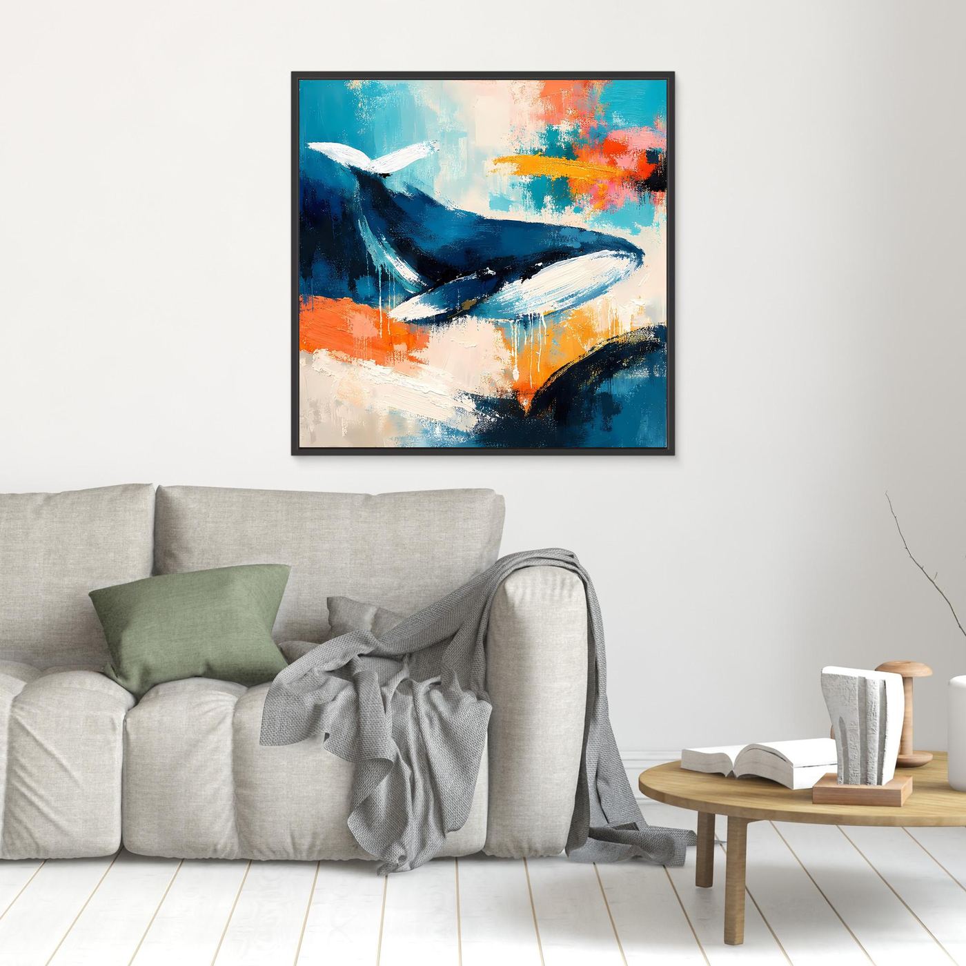 Leinwand-Wandbild: abstrakter Wal in Blau und Orange, schmaler Rahmen