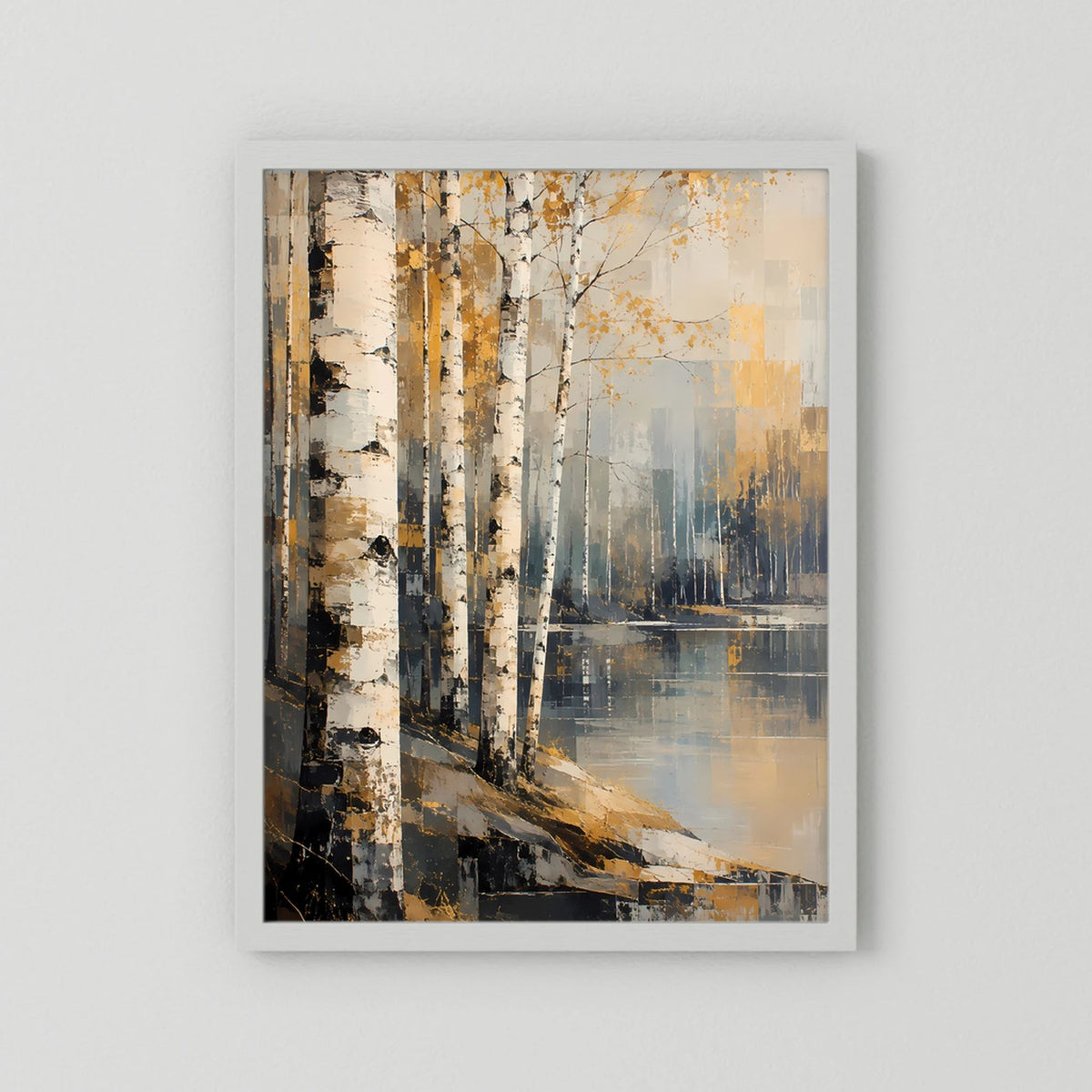 Poster im Hochformat mit abstraktem Birkenwald in Gold, Beige und Grau, weiß gerahmt