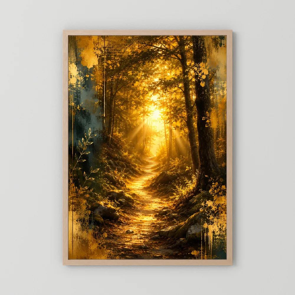 Wandposter Waldweg mit Sonnenlicht, brauner Holzrahmen