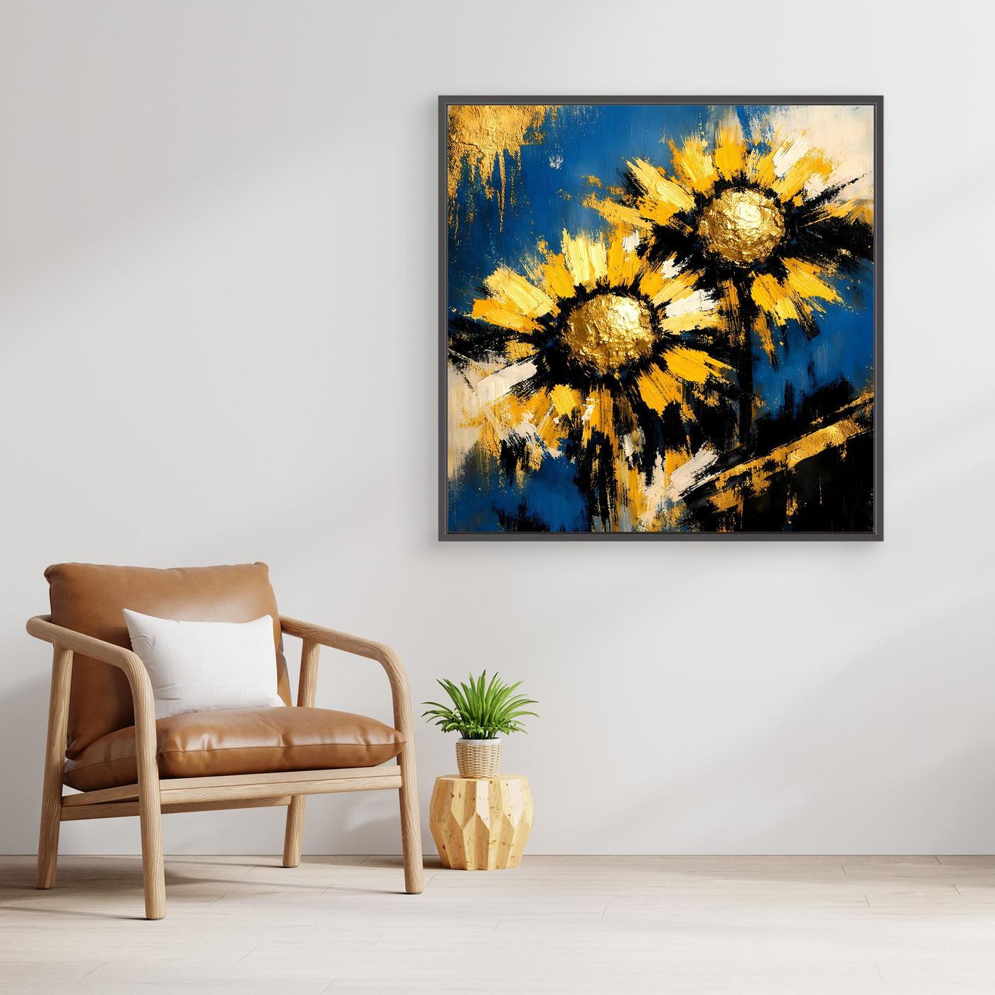 Leinwand-Wandbild mit abstrakten Sonnenblumen in Blau und Gelb im schwarzen Rahmen