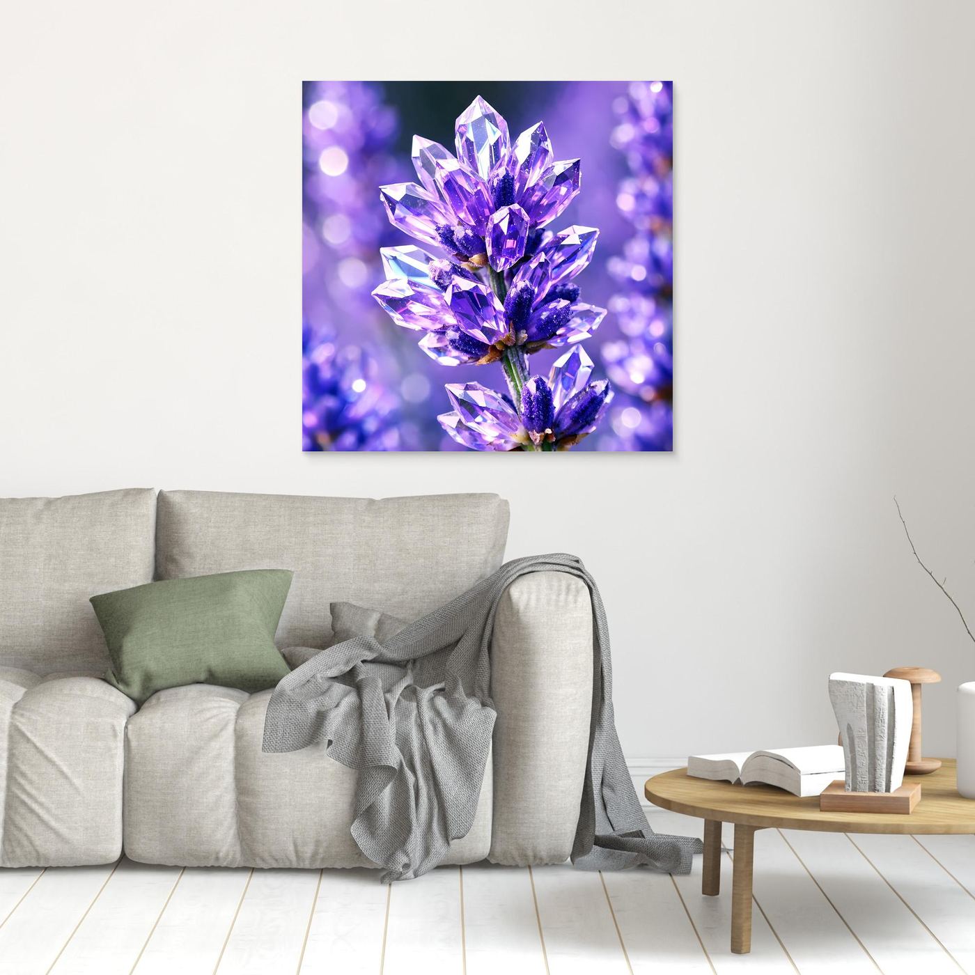 Leinwandbild mit violettem Kristallblütenmotiv, kleiner heller Rahmen